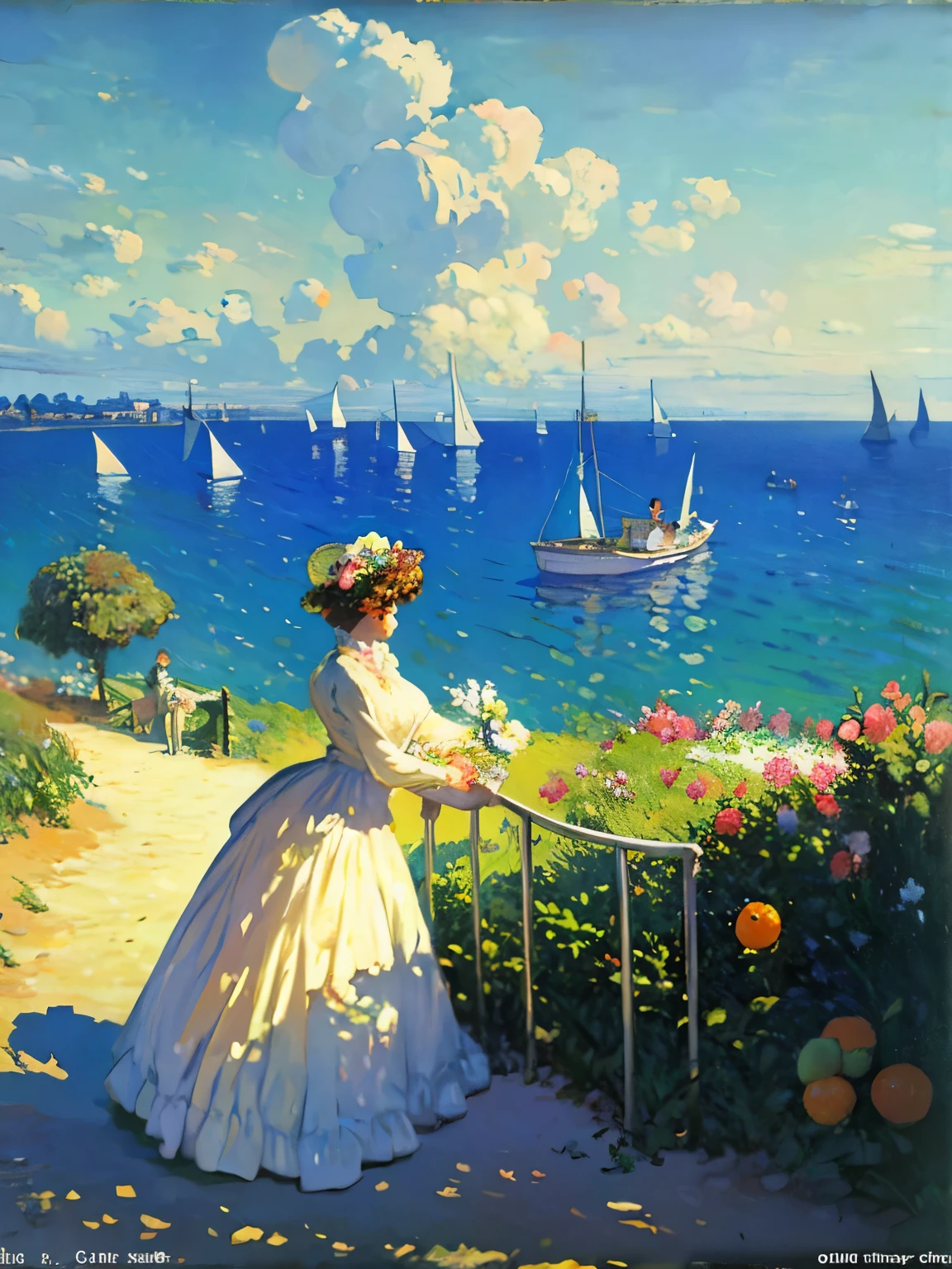 Beautiful oil painting landscape of the Canary Islands in the style of Claude Monet, official art, Impressionism、Floating thinly sliced oranges in iced tea on the terrace facing the sea、 The summer wind hurries across the sea and sandy beaches.、 I miss the young, bright dancers who were dancing like crazy.
