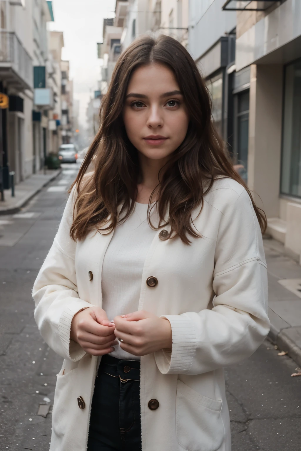 proFessional portrait photograph oF a gorgeous Norwegian girl in winter clothing with long wavy blonde hair, sultry Flirty look, gorgeous symmetrical Face, lindo maquillaje natural, wearing elegant warm winter Fashion clothing, ((parado afuera en una calle nevada de la ciudad)), impresionante entorno urbano moderno, ultra realista, arte conceptual, elegant, muy detallado, intrincado, sharp Focus, depth oF Field, F/1. 8, 85mm, tiro medio, plano medio, (((proFessionally color graded))), bright soFt diFFused light, (volumetric Fog), tendencia en instagram, hdr 4k, 8K