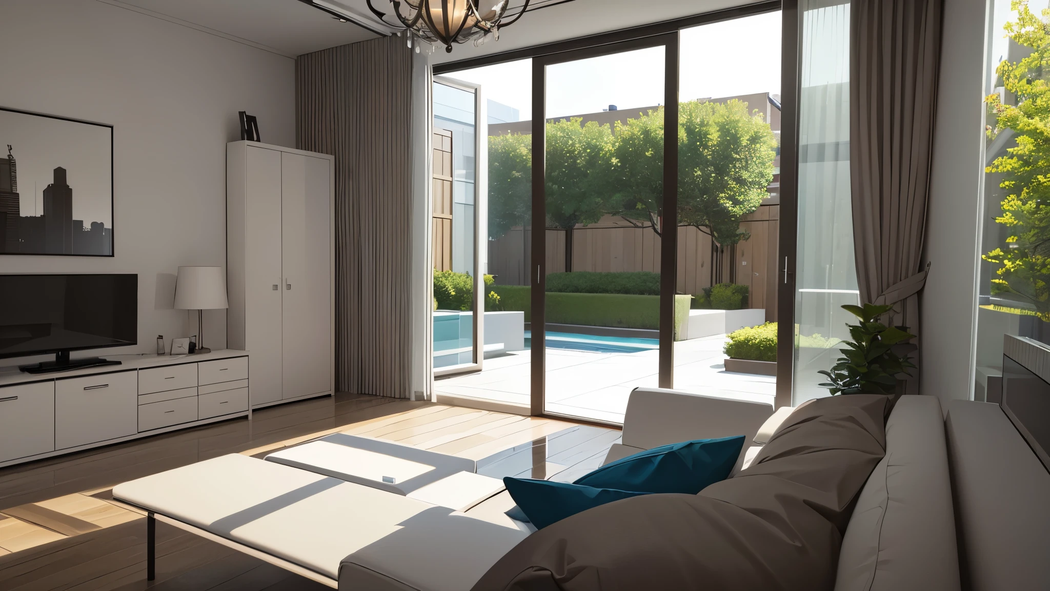 you are a famous interior designer、I was asked to create a 3D image of a large modern room.。. Create a harmonious environment with modern and minimalist furniture. Including garden interior.