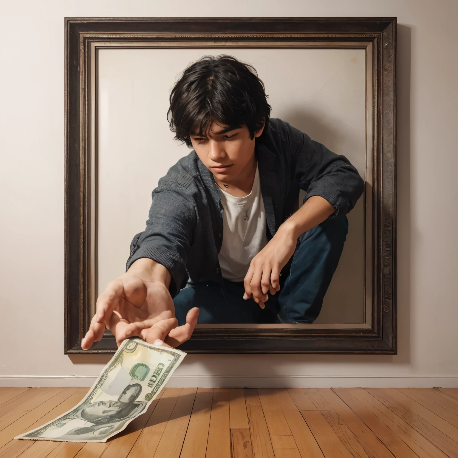 A large frame attached to the wall depicts an oil painting of a young man, the man is holding money, , black hair, bending over, reaching out his 3D hand out of the frame wanting to pick up a note that has fallen on the floor, real painting, proportional lighting, manipulation