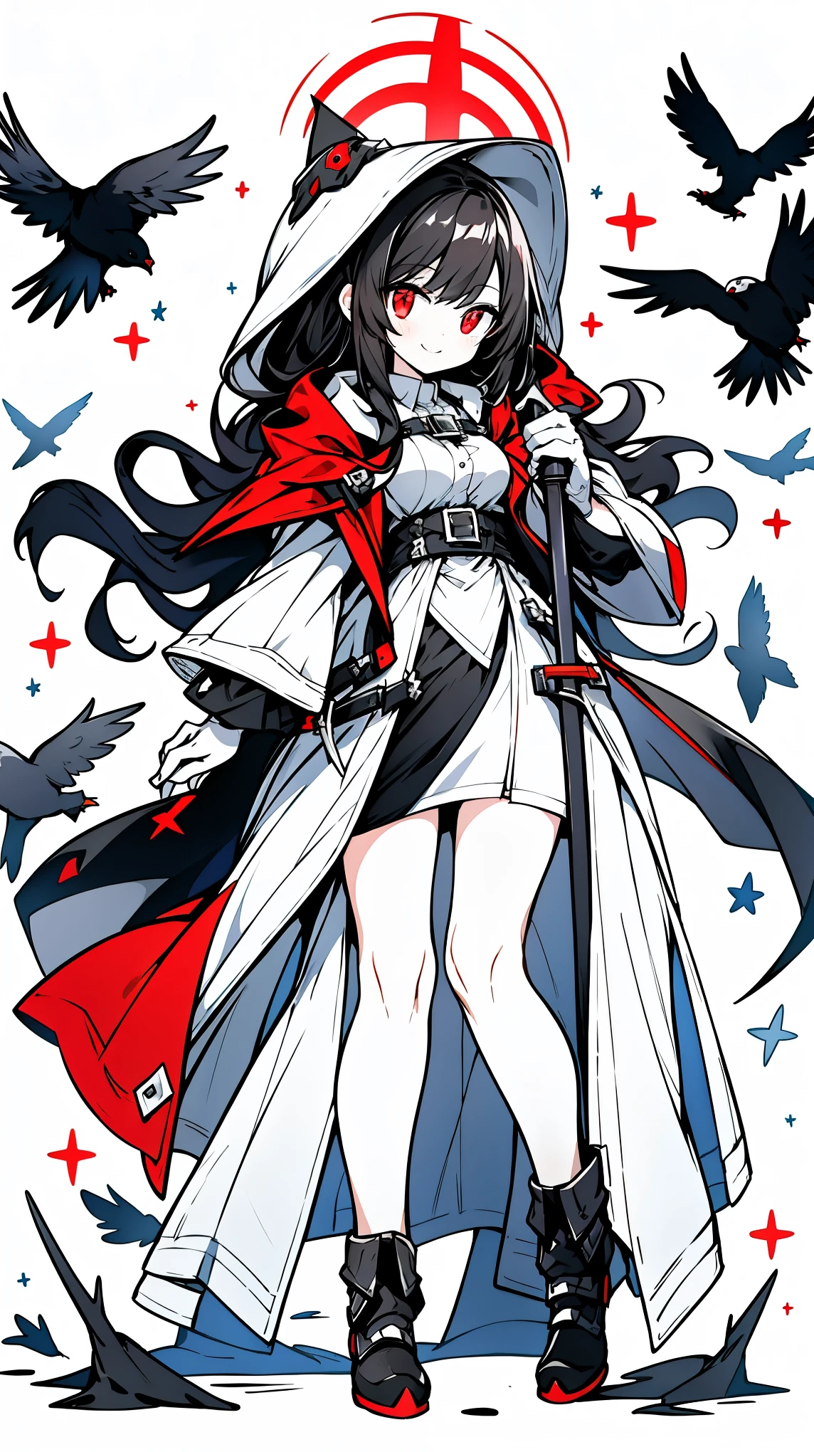 （（masterpiece：1.4，best quality））+，（Ultra-detailed）+，（super detailed eyes）+，（White腿環：1.5），black crow
（cute girl），15 years old，（red eyes：1.15），black hair，long black hair，（Variza：1.2），pale skin，cold，Smile，一個誘人的Smile
（She wears a gray hooded trench coat，There&#39;s fluff on it：1.5），（black long skirt：1.4），white shirt white，White gloves，little Red Riding Hood，thin legs，white dove，black red halo，machine gun，black stars，
（flocks of crows：1.1），
（Dawn light：1.2），White，
（Thick black and white：1.16），（depth of field：1.4），