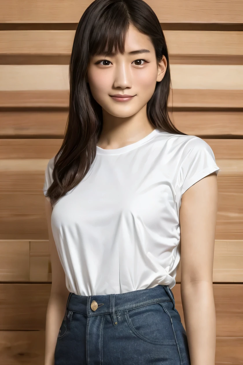 one japanese girl, (a beauty girl, delicate girl:1.3), (, gal:1.3), (denim shorts:1.2), very fine eye definition, (symmetrical black eyes:1.3), stare at the camera, A big smile, show teeth, (trackfield view:1.2), small breasts, brown short hair, girl, (eyes and faces with detailed:1.5), (masterpiece, best quality, ultra detailed, detailed face, 8k), Seductive pose