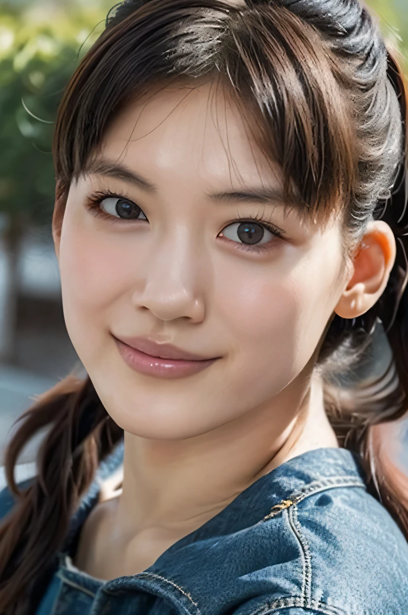 one japanese girl, (a beauty girl, delicate girl:1.3), (, gal:1.3), (denim shorts:1.2), very fine eye definition, (symmetrical black eyes:1.3), stare at the camera, A big smile, show teeth, (trackfield view:1.2), small breasts, brown short hair, girl, (eyes and faces with detailed:1.5), (masterpiece, best quality, ultra detailed, detailed face, 8k), Seductive pose