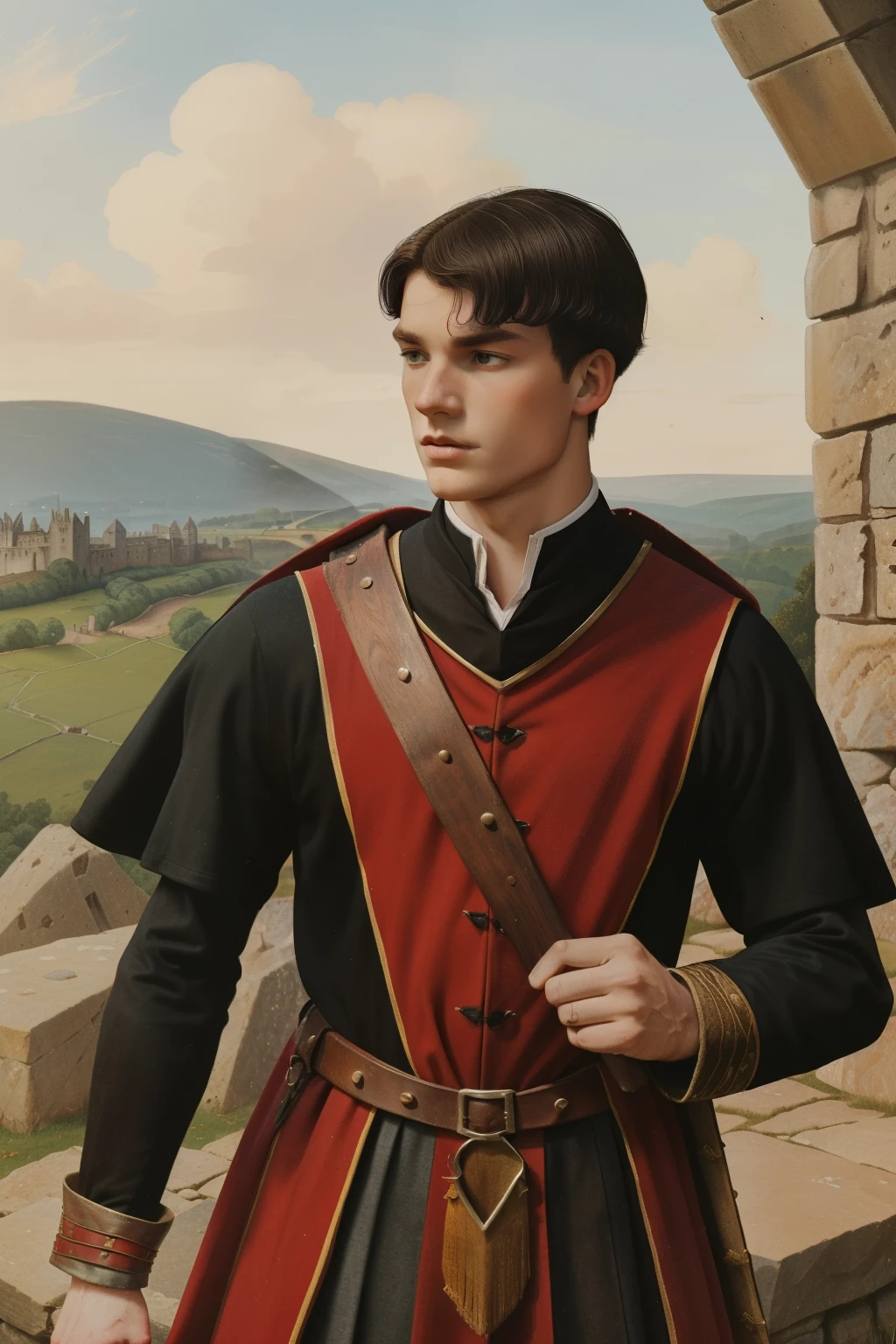 England, 1327. A young ((((20-year-old)) Ralph Fitzgerald)), intense eyes, ambitious, tall, athletic, in a stone quarry, ((ashamed expression)). ((((clothings from the 1300s, red and black squire uniform)))), ((dark hairstyle of the 1300s))
