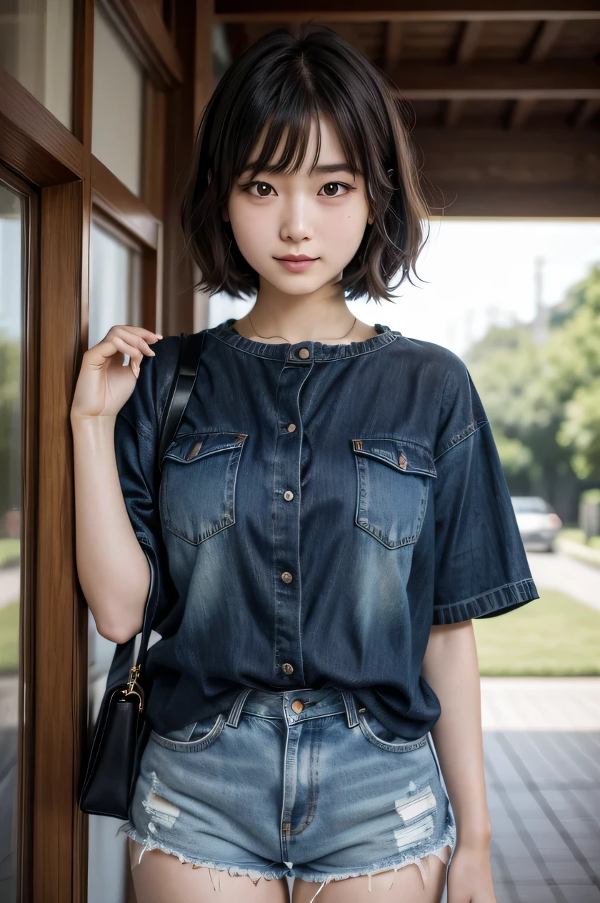 one japanese girl, (a beauty girl, delicate girl:1.3), (, gal:1.3), (denim shorts:1.2), very fine eye definition, (symmetrical black eyes:1.3), stare at the camera, A big smile, show teeth, (trackfield view:1.2), small breasts, brown short hair, girl, (eyes and faces with detailed:1.5), (masterpiece, best quality, ultra detailed, detailed face, 8k), Seductive pose