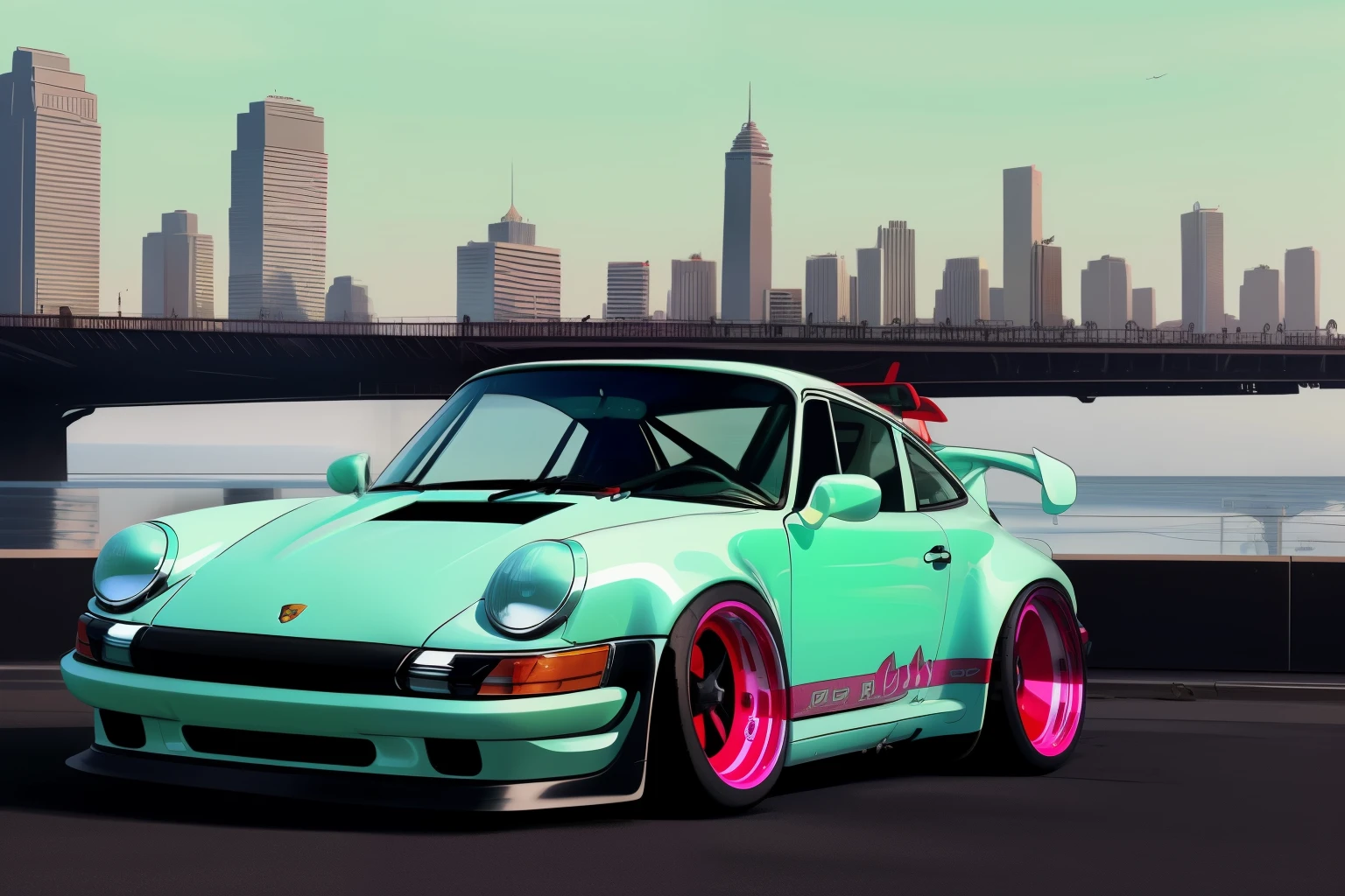 Porsche 911 rwb, wide bodykit, big wheels, nvinkpunk, mint ice cream colored car, painting of a city with a mint colored Porsche 911 rwb rotting,wide bodykit, high quality