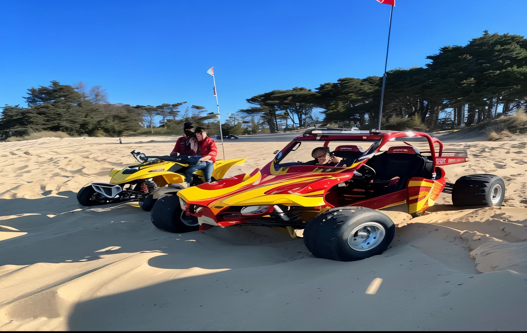 two people are riding on a yellow and red buggy on a sandy beach, buggy, by Romain brook, on the sand, dunes in the background, tesla dune buggy, on dune, family friendly, mini, album photo, off - road, dunes, sand dunes, by Tom Wänerstrand, by Frederik Vermehren, dune
