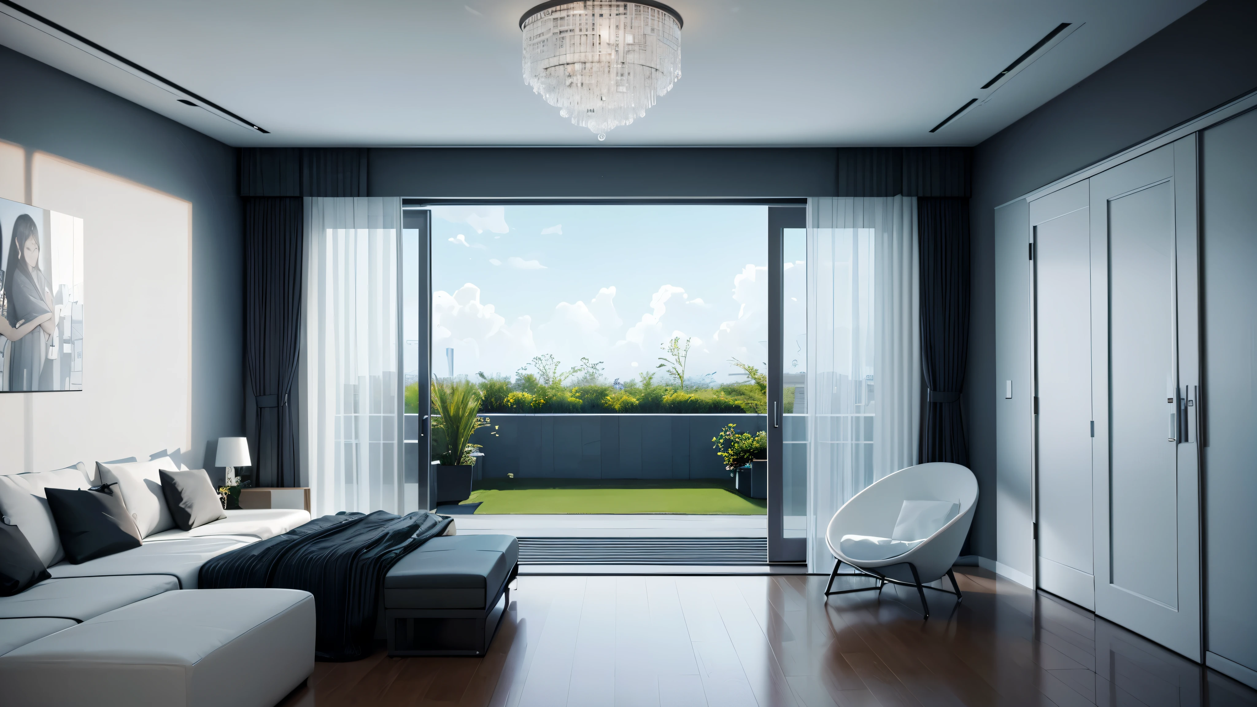 you are a famous interior designer、I was asked to create a 3D image of a large modern room.。. Create a harmonious environment with modern and minimalist furniture. Including garden interior.