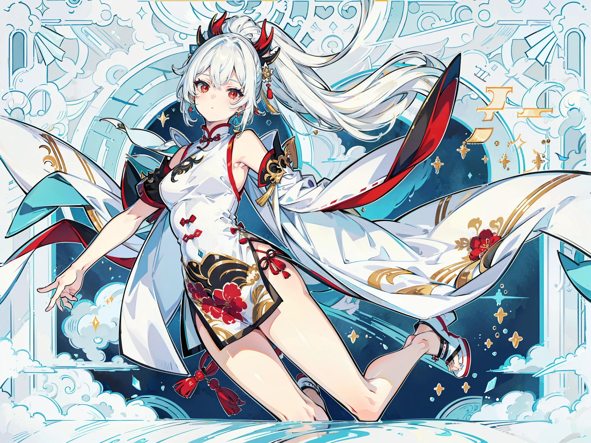 ((masterpiece, best quality)), Detailed face, character design sheet, Full body female love, full of details, body positivity, rear body view, Very detailed, depth, many parts, Sexy girl with white hair,glamorous woman, Chinese traditional clothing, Clothing hollow design,Genshin Impact, Height 190cm,Devil figure,9 head body,A little smaller butt,Breasts are smaller