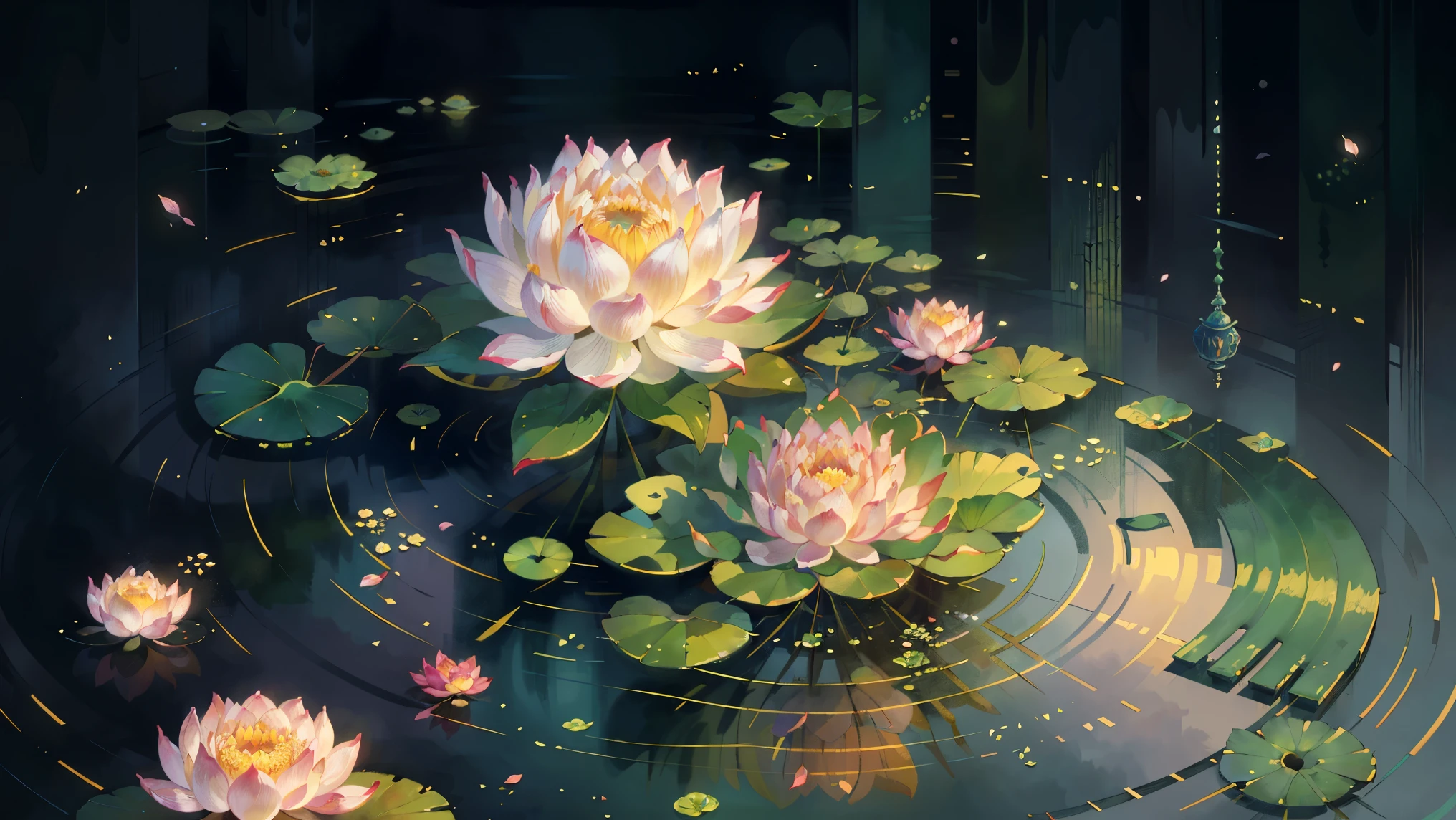 Original,(illustratio:1.1),(best qualtiy),(tmasterpiece:1.1),(the Extremely Detailed CG Unity 8K Wallpapers),(a color:1.2),lotuses,lotus petals,scenecy,rios|Wagas,