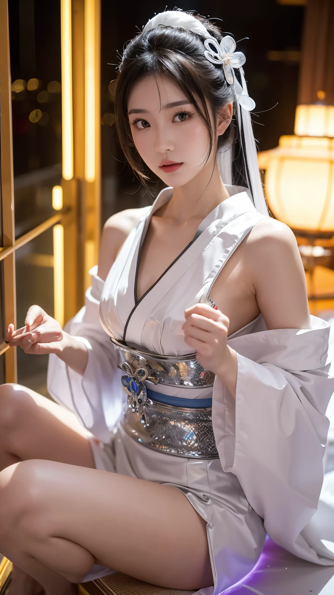 A photo of a Japanese woman in her twenties,Made of shiny white and silver translucent glass and plastic, Geisha makeup and hairstyle, Silver metal interior, dynamic poses, flowing organic structure, Glowing golden circuit, colorful neon decoration, light emitting circuit, neon decoration, Depth of field focus f/2.8, H's Art.right. jiger, Greg rightutowski