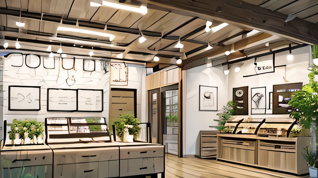 (Glasses shop called OWNDAYS。 Area 100 square meters。 Ceiling height 3500mm。 The entrance has a hanging wall with a height of 1200mm.。.。 Natural interior using wood and greenery。