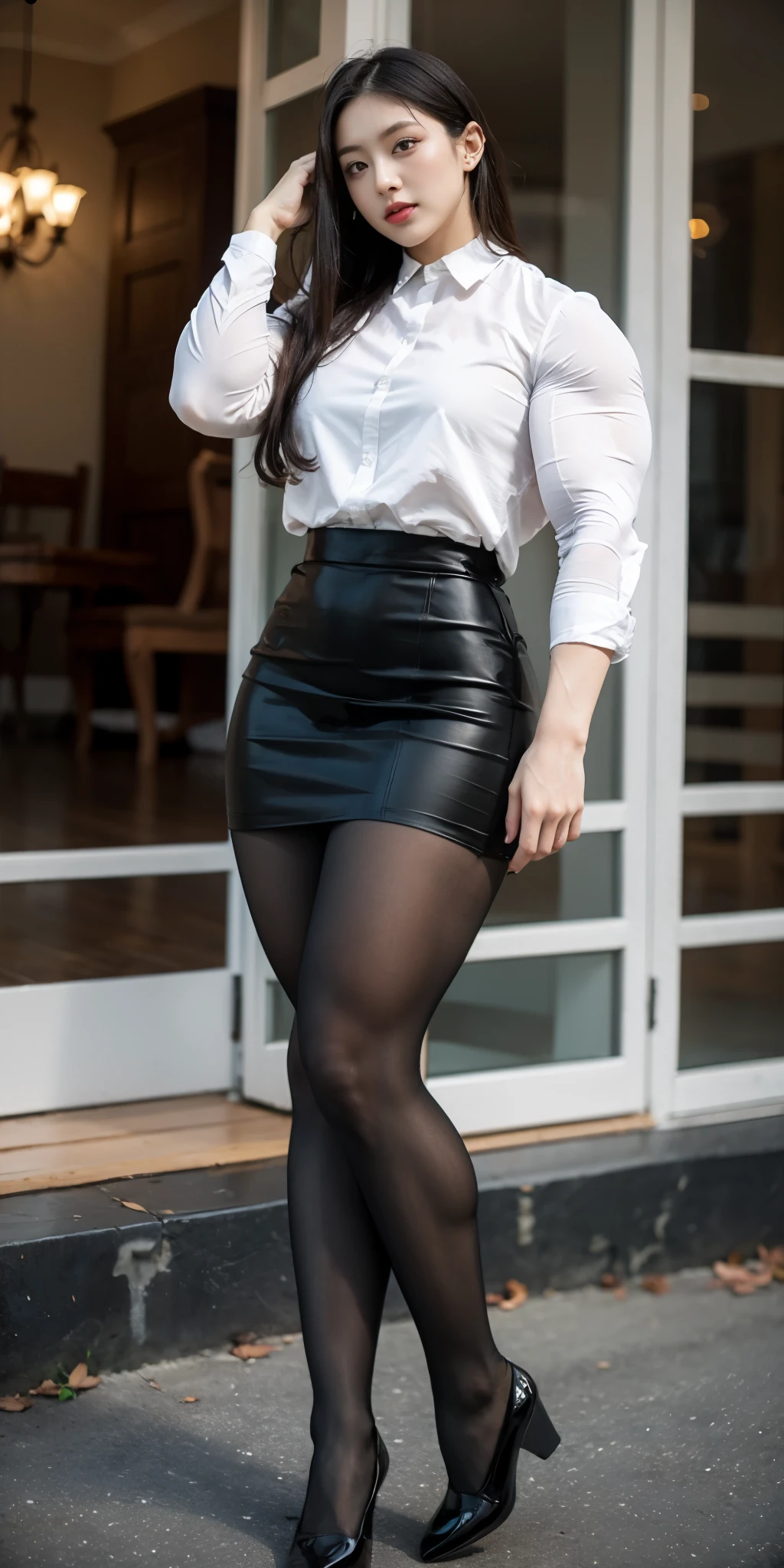 There is a woman wearing a business uniform,standing,, , (pantyhose), muscular thighs,tight skirt,  muscular female,muscular legs