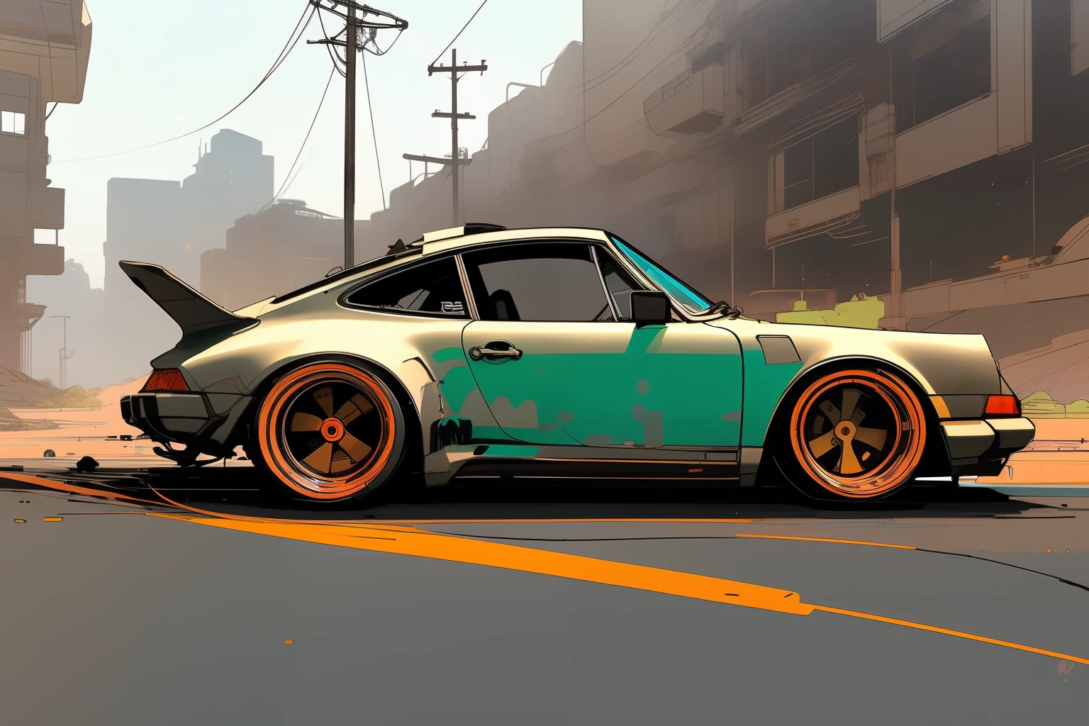 nvinkpunk, painting of Gautam city with a earth tone colored Porsche 911 rwb rotting,wide bodykit, large wheels, slammed, air ride, high quality,