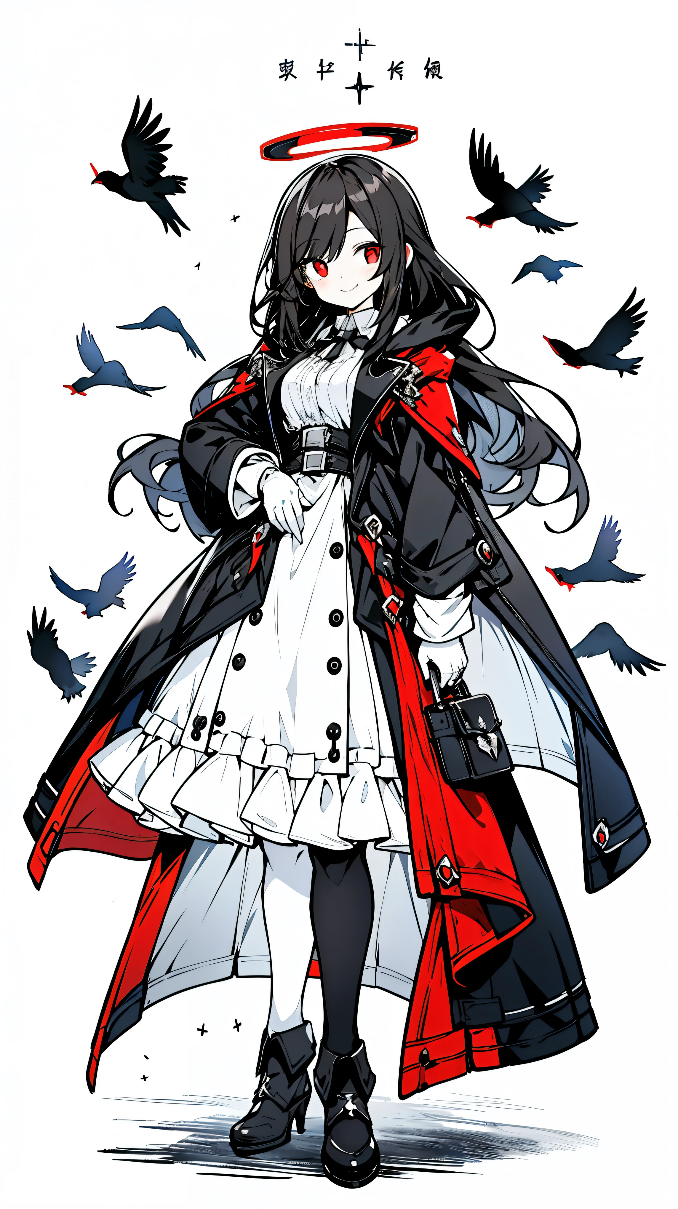 ((masterpiece:1.4,best quality))+,(Super detailed)+,(super detailed eyes)+,(white腿環:1.5),black crow
(cute girl),,(red eyes:1.15),black hair,long black hair,(changes through:1.2),pale skin,cold,Smile,一個誘人的Smile
(She wears a gray hooded trench coat,There'There's fluff on it:1.5),(black long skirt:1.4),white shirt white,white gloves,little Red Riding Hood,thin legs,white dove,Black and red halo,machine gun,
(flocks of crows:1.1),
(Dawn light:1.2),white,
(Thick black and white:1.16),(depth of field:1.4),
