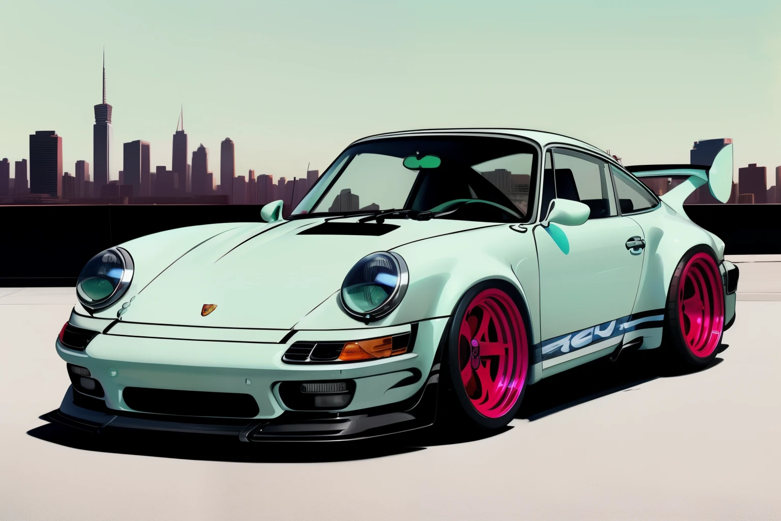 Porsche 911 rwb, wide bodykit,  big wheels, nvinkpunk, mint ice cream colored car,  painting of a city with a  mint colored  Porsche 911 rwb rotting,wide bodykit, high quality 