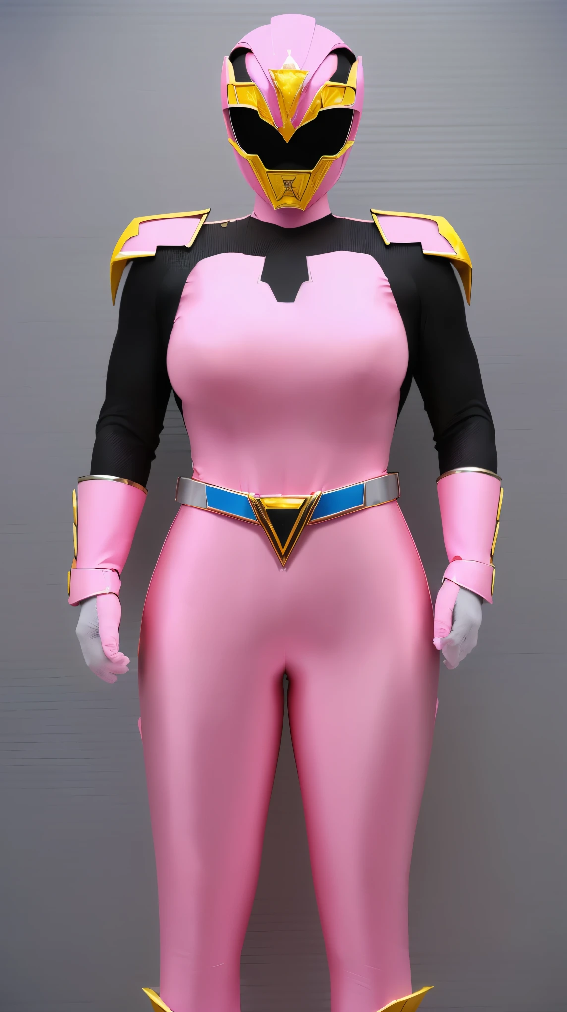 (8K、ultra high resolution、highest quality、masterpiece、realistic、ultra high resolution)、(((Must be female、Always shiny neon pink Power Rangers、Must have big breasts、Definitely quite big breasts、feminine body、tight buttocks)A full-face helmet that ensures that your face and hair are not exposed.、Definitely a shiny neon pink patent leather full body suit、big emblem on the chest:1.3))(very shiny helmet and suit)、(Must be a big site cosplay venue)