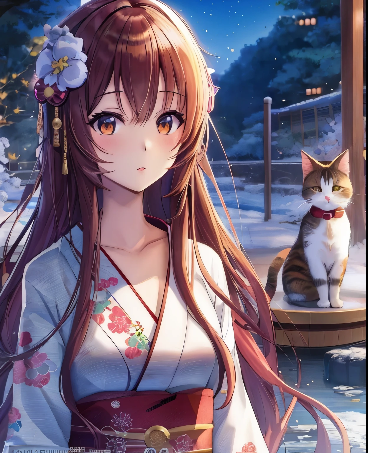 Anime girl in kimono，There is a cat in the bathtub, anime style 4k, very beautiful Anime cats girl, beautiful Anime catsgirl, Anime cats, anime wallpaper 4k, anime wallpaper 4k, beautiful anime girl, anime art wallpaper 4k, Anime Art Wallpaper 4k, 4k anime wallpaper, cat ears anime girl, anime long hair girl