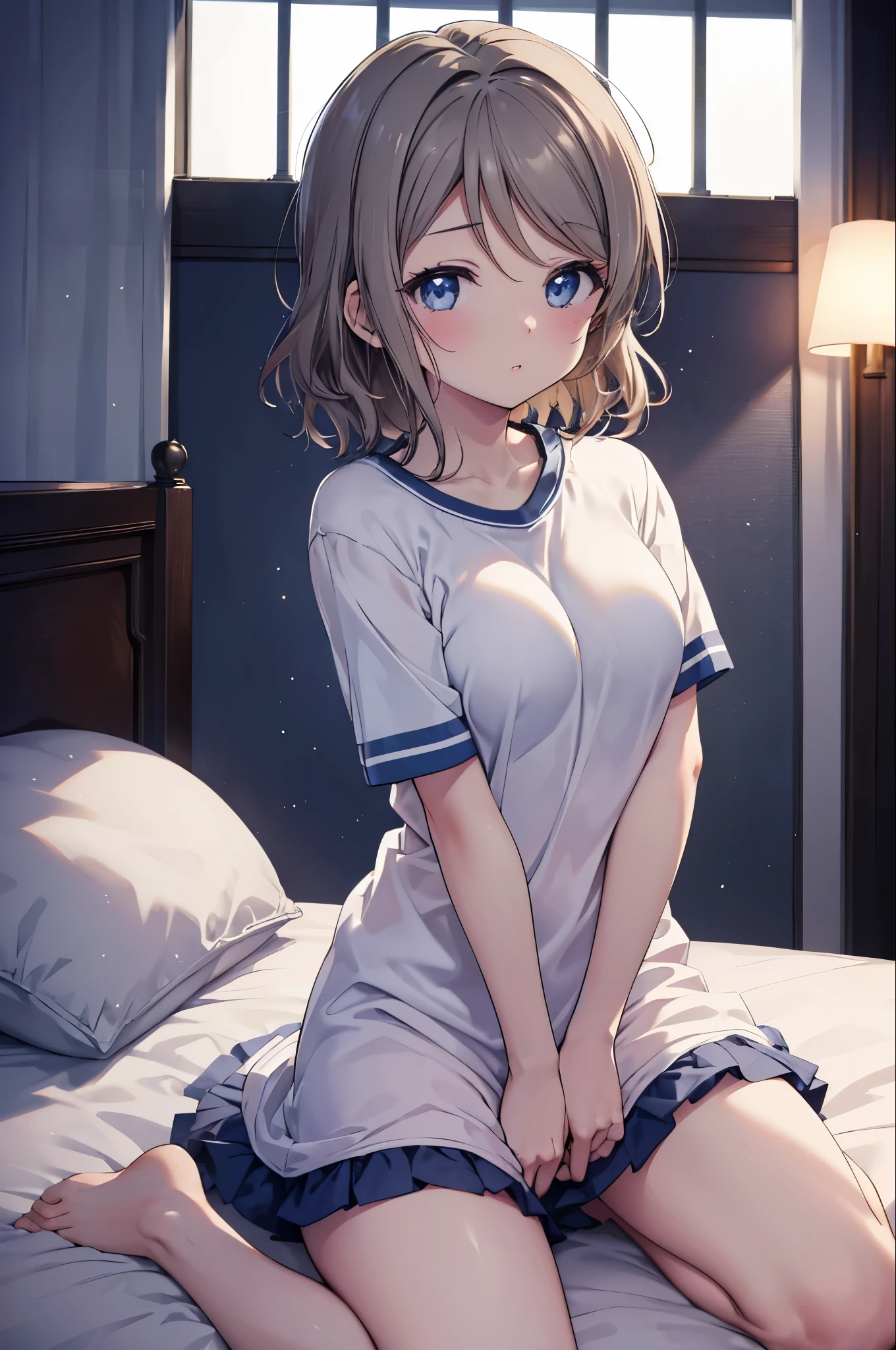 You Watanabe,You Watanabe.,gray hair,  ,big breast windows，romantic starry sky，A meteor crosses,T-shirt,blue string underwear,sleeping in bed,night,sleep with your head on the pillow,Sleeping lying on your back in bed,dark room,night, 
break indoors, classroom, 
break (masterpiece:1.2), highest quality, High resolution, unity 8k wallpaper, (figure:0.8), highly detailed face, perfect lighting, Very detailed CG, (perfect hands, perfect anatomy),