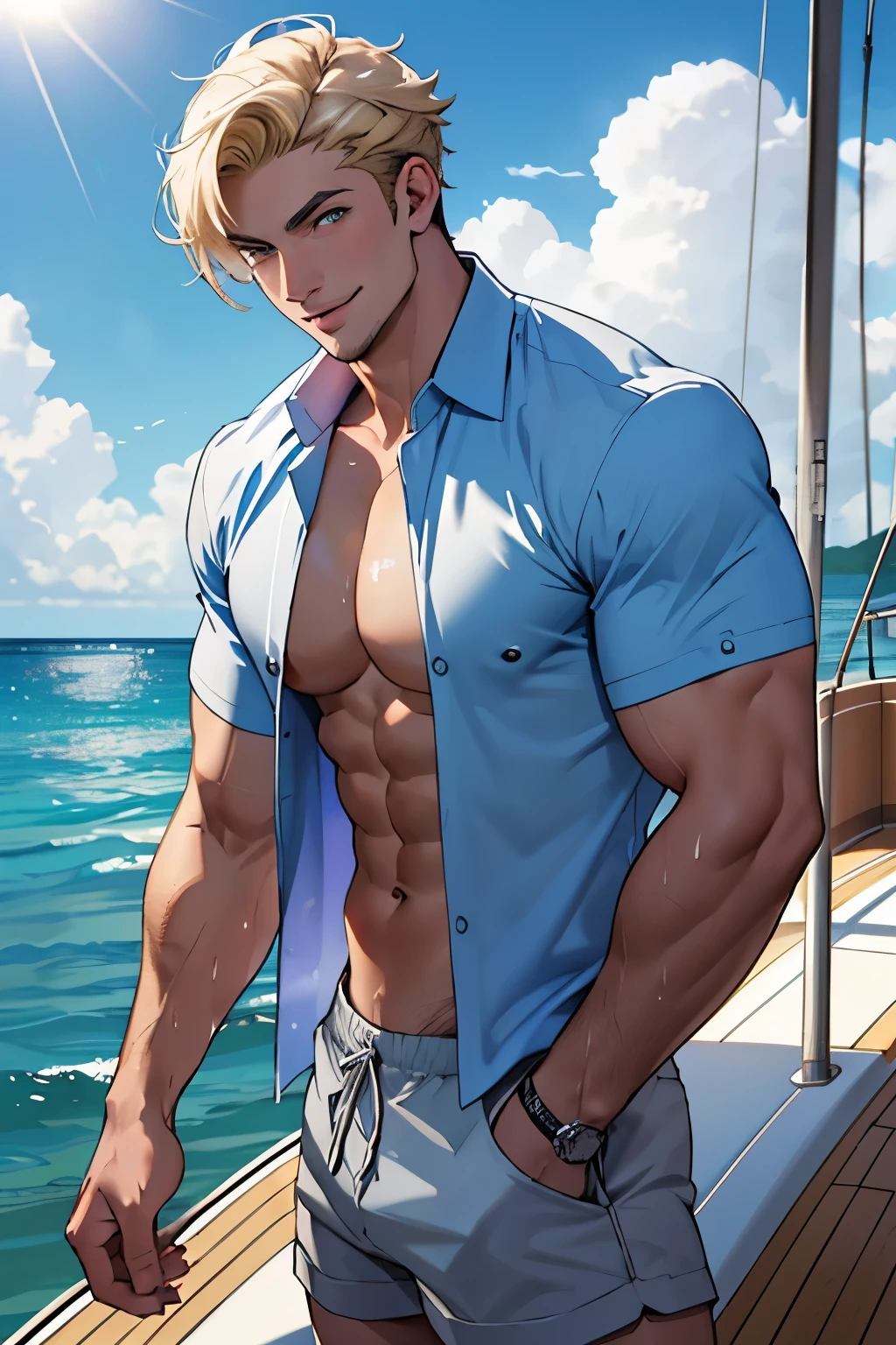 ((best quality)), ((Masterpiece)), (details), perfect face,high definition,Masterpiece,4k,details clearly,,,Handsome face,white skin,perfect body,male body,strong muscles,Abdomen muscles are wavy.,abdomen,blue eyes,white skin,The most handsome man in the world,handsome,,The coolest face,Male characters,Strong breasts,beautiful eyes,Look clearly...,short hair,Blonde hair,smile,happy face,kindness,perfect Body,Sixpack,Bright Skin,Healthy,shorts,Dark eyebrows,shirtless,Model,Bright lights,Posing,Happy,wet Skin,Yacht,on the Yacht,clear sky,Beautiful ocean,stand on boat,The wind is blowing,relexing,Good lips,Full HD,beautiful light,Sun light,focus body,muscular,beautiful eyes,V shape,perfect male face,handsome,sexy man,beach shirt,open shirt