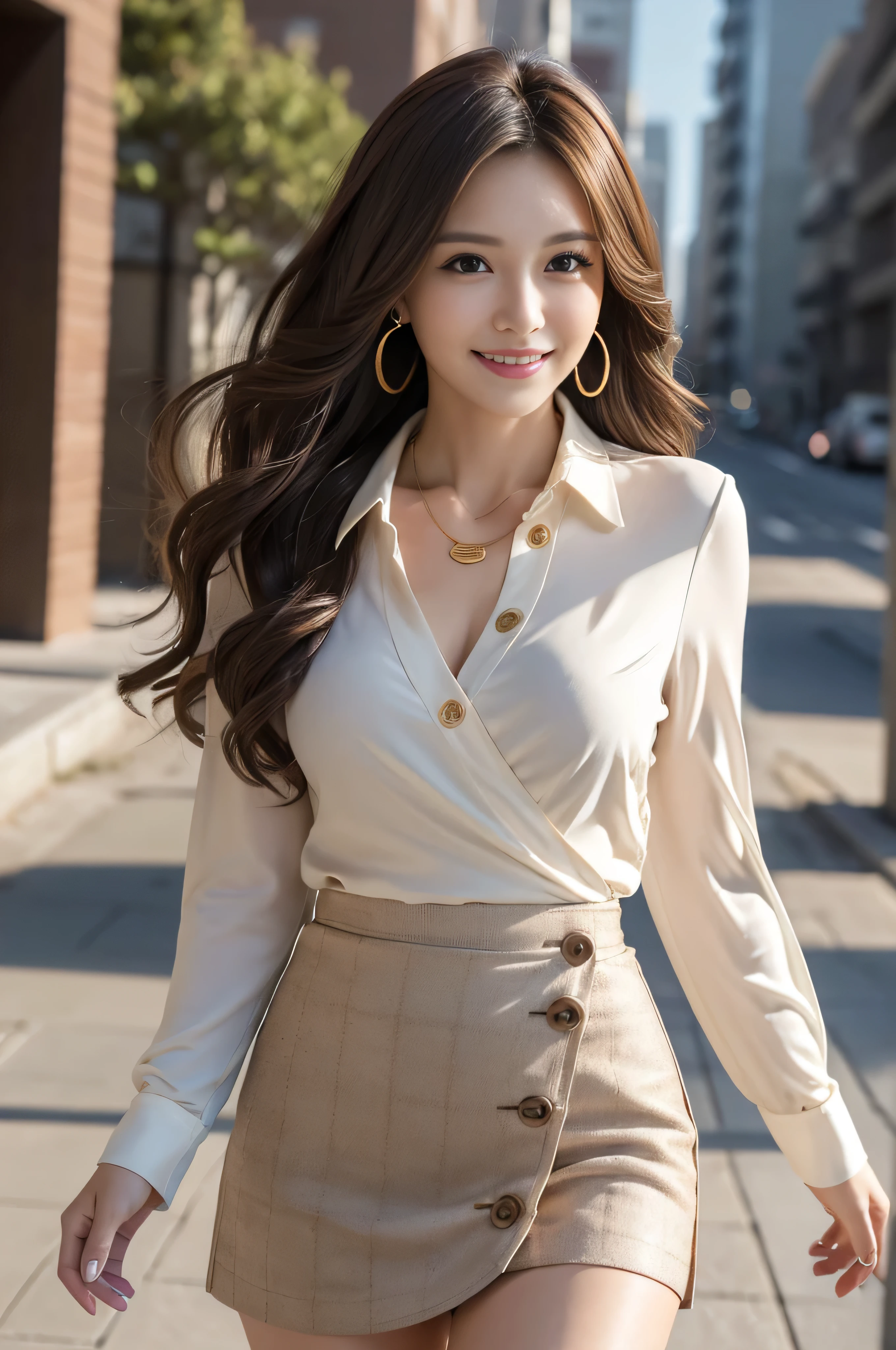 masutepiece, Best Quality, Photorealistic, Ultra-detailed, finely detail, High resolution, 8K Wallpaper, 1 beautiful woman,, light brown messy hair, in a business suit, sharp focus, Perfect dynamic composition, Beautiful detailed eyes, detailed hairs, Detailed realistic skin texture, Smiling, Close-up portrait, Model body type、((Super long brown hair:1.2))、((Hair with loose waves inside:1.2)),((shy smile:1.3)),((gold necklace_Large earrings:1.2)),full body shot、(((full figure supermodel standing, full body shot, entire body in frame))),((white long sleeve button up blouse_with collar_Remove up to the second button_Brown Wrap Skirt_tweed wrap skirt:1.3)),((With a smile_running towards here_Long hair fluttering:1.3))((full body shot:1.3))、((full body shot:1.3))