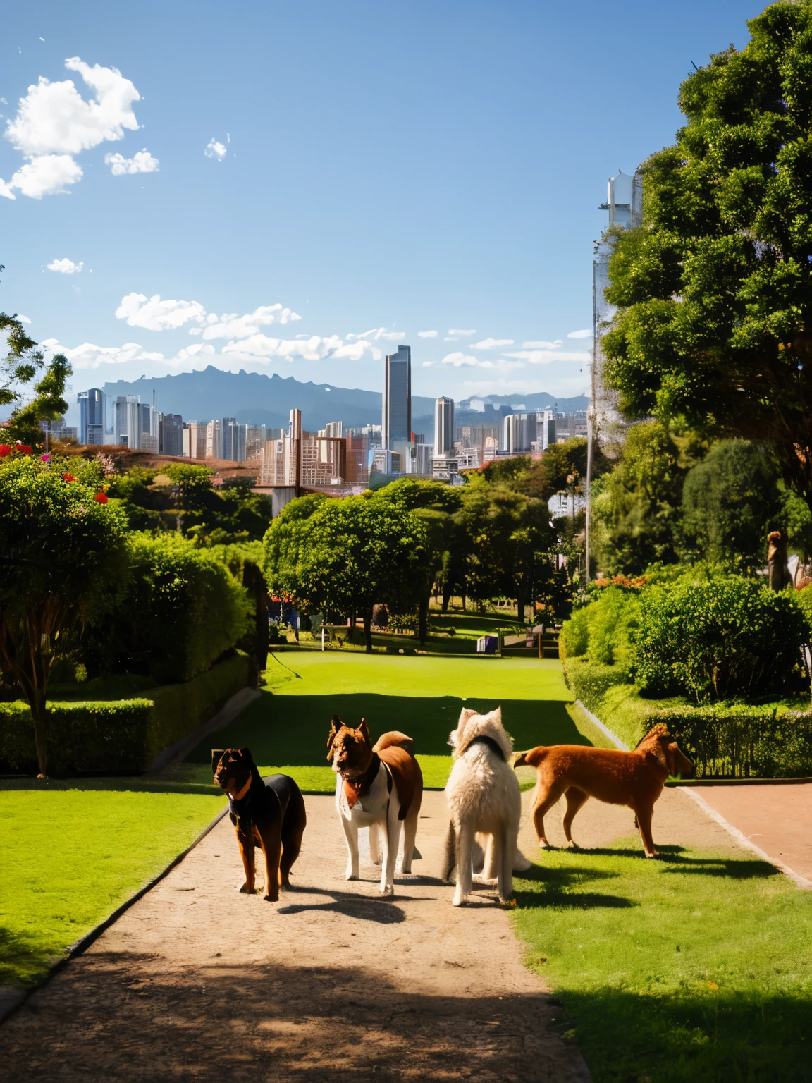 Image with a huge text "LOS PERROS FALDEROS" Craft a highly realistic scene set in a park in Bogotá, Colombia, where a very tall person, symbolizing a sense of protection and companionship, is walking a group of unique dogs with human-like faces. These dogs, showcasing diverse human expressions, are directly engaging with the camera. They vary in breed and size, embodying both intelligence and curiosity. The backdrop prominently features the distinctive architecture and urban landscape of Bogotá, with its characteristic buildings, Andean mountains in the distance, and lush local vegetation. The scene is bathed in the soft light of late afternoon, creating a serene atmosphere that beautifully merges the everyday urban scene with the fantastical elements of the dogs