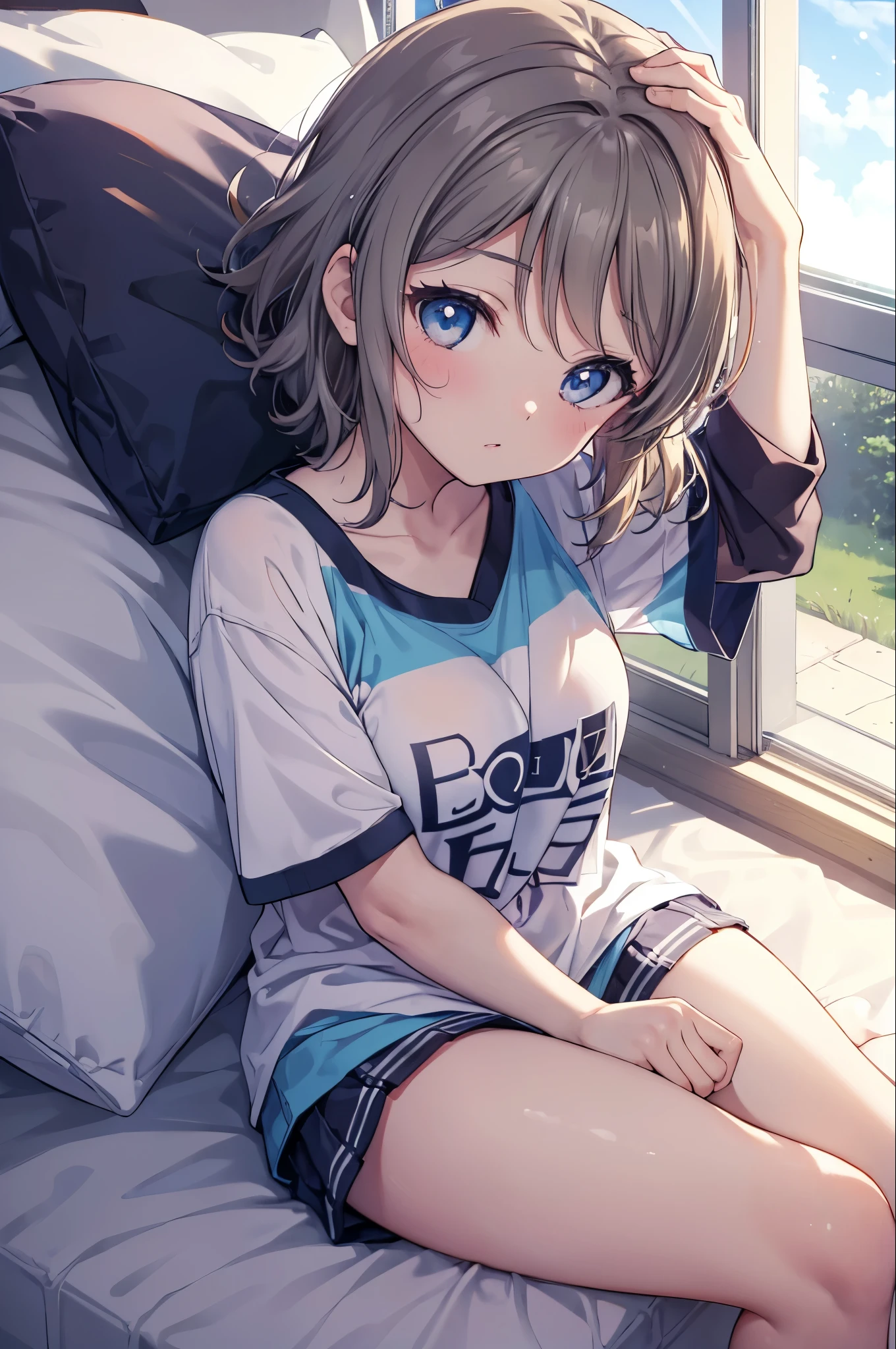 You Watanabe,You Watanabe.,gray hair,  ,big breast windows，romantic starry sky，A meteor crosses,T-shirt,blue string underwear,barefoot,sleeping in bed,night,sleep with your head on the pillow,Sleeping lying on your back in bed,dark room,night, 
break indoors, classroom, 
break (masterpiece:1.2), highest quality, High resolution, unity 8k wallpaper, (figure:0.8), highly detailed face, perfect lighting, Very detailed CG, (perfect hands, perfect anatomy),