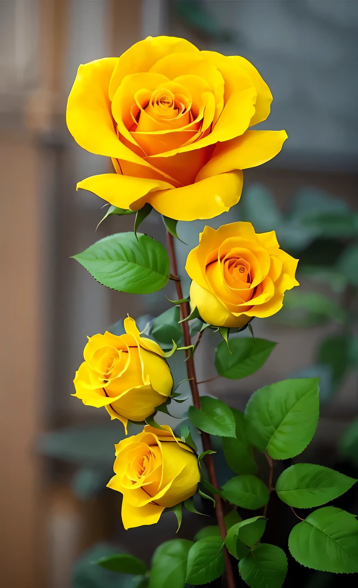 yellow roses are in a vase with green leaves on a table, yellow rose, rose, stunningly realistic, incredibly realistic, decorative roses, roses, ultra-realistic, ultra - realistic, an ultra realistic, yellow flowers, very realistic looking, yellow colours, a hyper realistic, rosses, ( ultra realistic, breathtaking realistic, yellow colors, ( ultra realistic ), realistic depiction