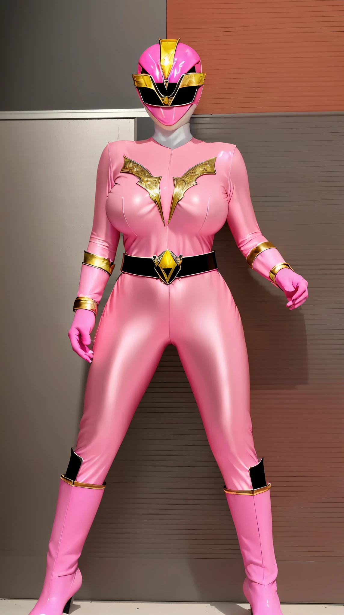 (8K、ultra high resolution、highest quality、masterpiece、realistic、ultra high resolution)、(((Must be female、Always shiny neon pink Power Rangers、Must have big breasts、Definitely quite big breasts、feminine body、tight buttocks)A full-face helmet that ensures that your face and hair are not exposed.、Definitely a shiny neon pink patent leather full body suit、big emblem on the chest:1.3))(very shiny helmet and suit)、(Must be a big site cosplay venue:1.1)