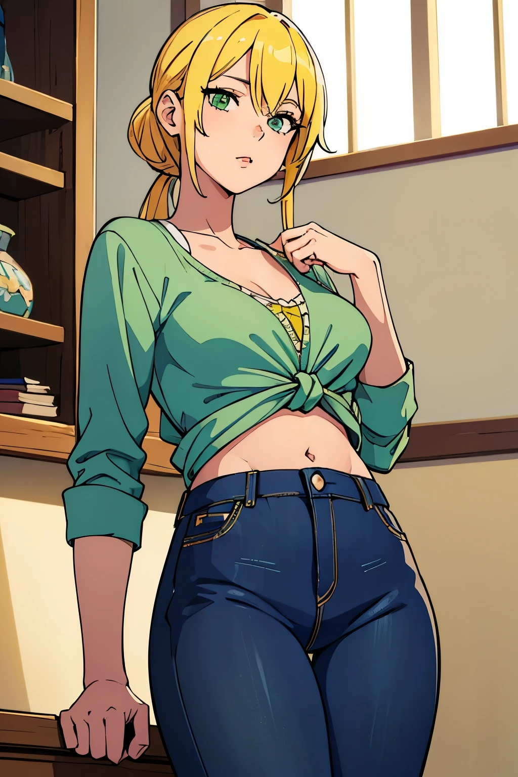 (Best quality:1.1), (Masterpiece:1.4), (Illustration fantastique:1.2), 1fille, cute girl, Yellow hair tied in a large strand covering her right eye, a green eye, a blue shirt revealing her belly, jeans