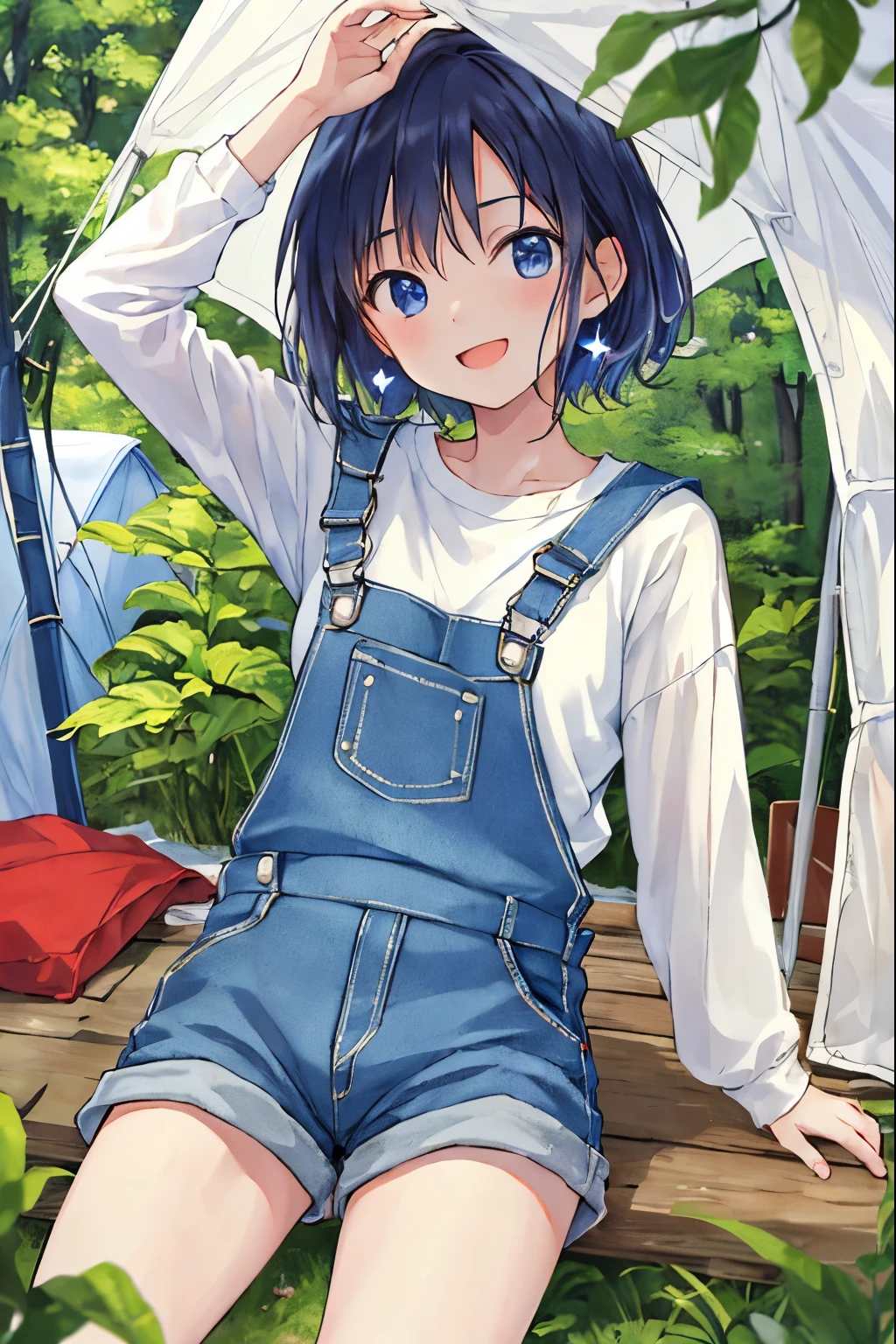 (masterpiece、highest quality),From above, 1 girl, solo, camp、whole、denim overalls、white shirt、tent in the background、wood、foliage、20-year-old、piece、Pause、laughter、