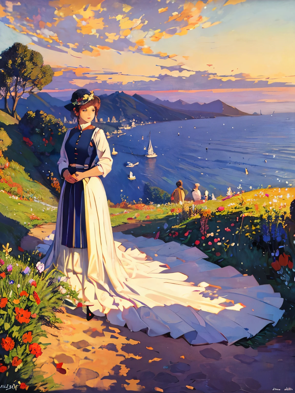 Beautiful oil painting landscape of the Canary Islands in the style of Claude Monet, official art, Impressionism、Floating thinly sliced oranges in iced tea on the terrace facing the sea、 The summer wind hurries across the sea and sandy beaches.、 I miss the young, bright dancers who were dancing like crazy.
