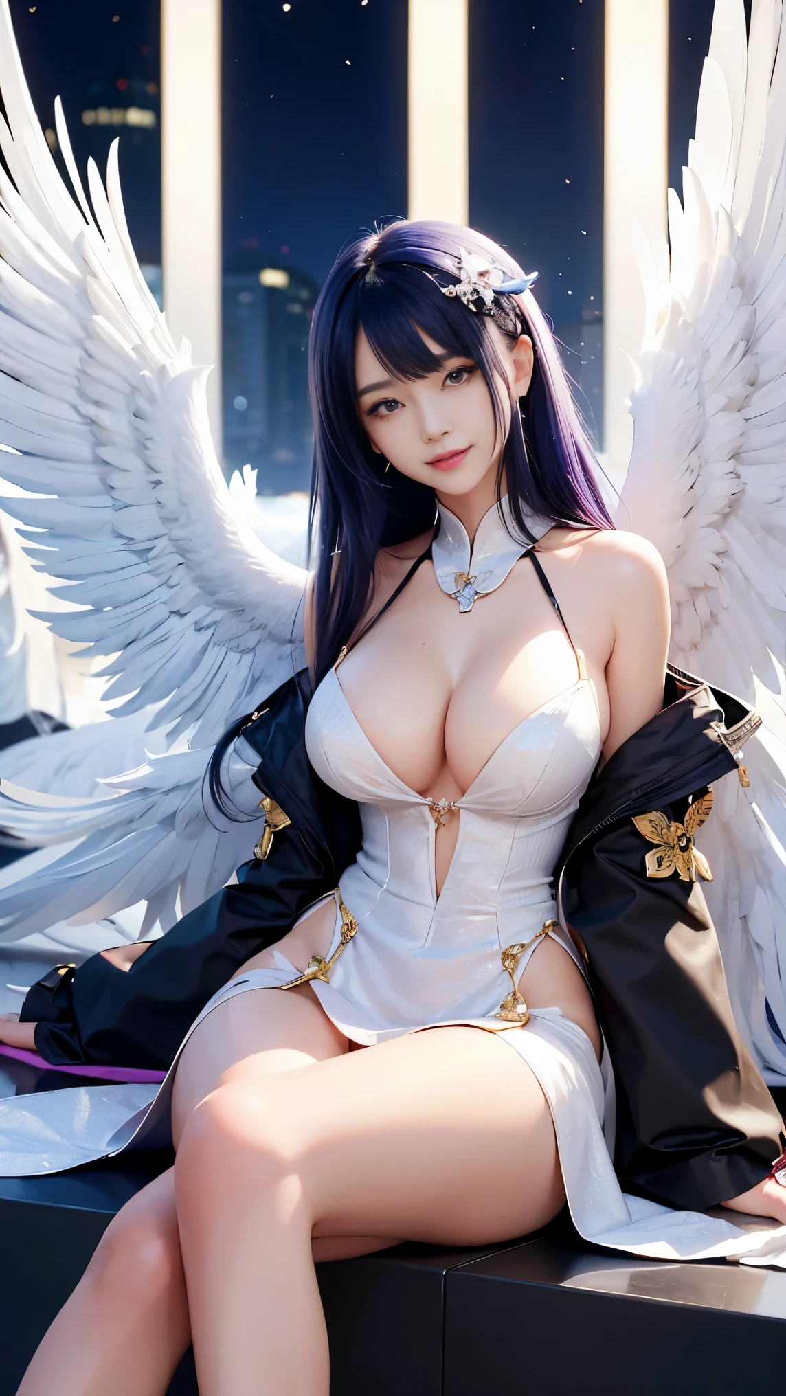 wide wide shot,(highest quality,masterpiece:1.2),(cyborg people), colored hair,(She has a pair of huge feathered wings behind her shoulders),Money,perfect proportions,(彼女のMoney属製の機械的な手足),(footwear),slim,光沢のあるMoney属、Bright colors,The lighting is dramatic., Creates depth and three-dimensionality、cleavage、smile、future city、night view、luxurious dress、correct finger