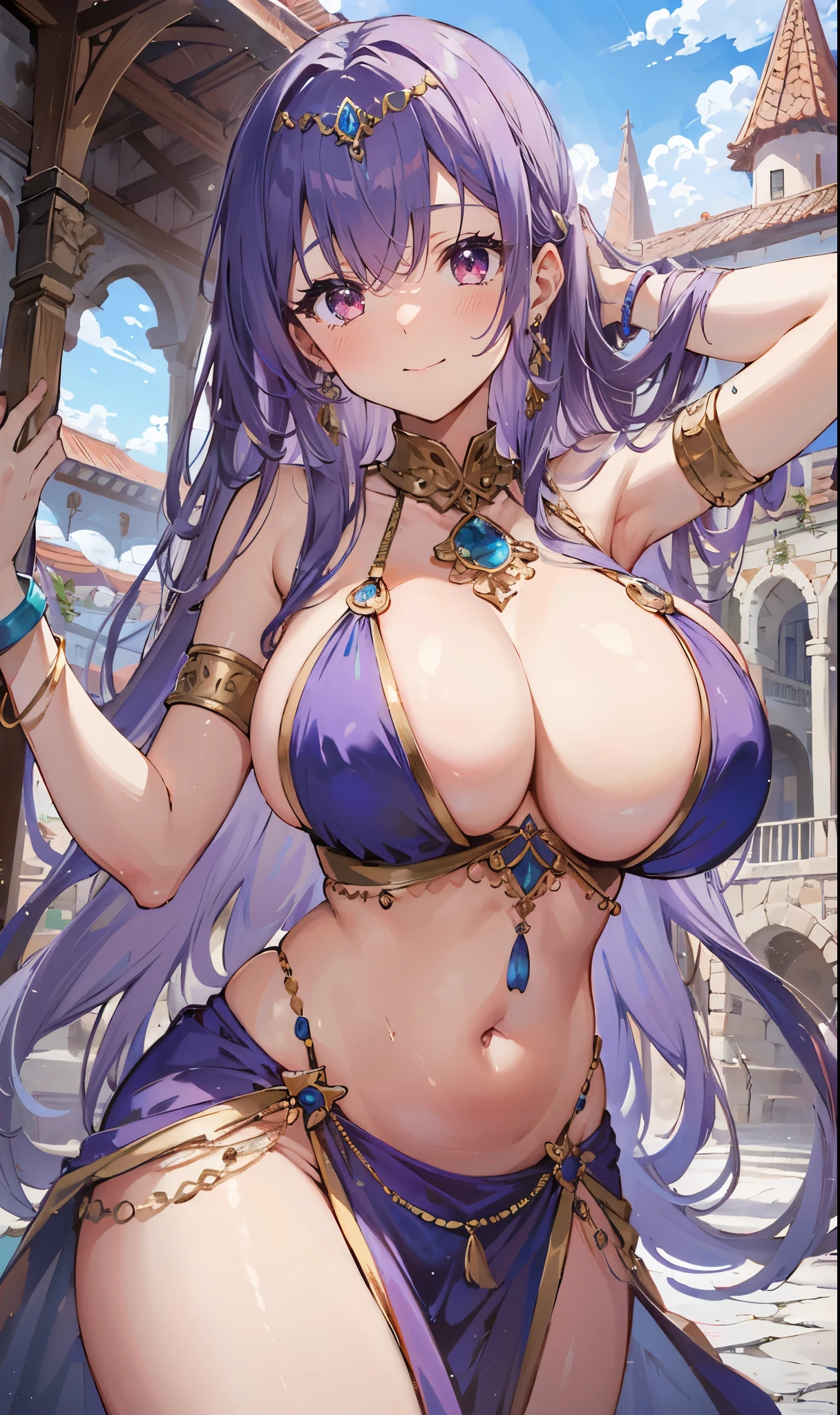 high quality, super detailed, 最high quality, Extremely detailed, beautiful, masterpiece, 1 girl, plaza, medieval europe, cowboy shot, red eyes, long hair, light purple hair, (belly dancer, harem costume, pelvic curtain:1.2), purple costume, barefoot, circlet, earrings, bangle, bracelet, shy smile, dancing, big breasts, cleavage, soft belly