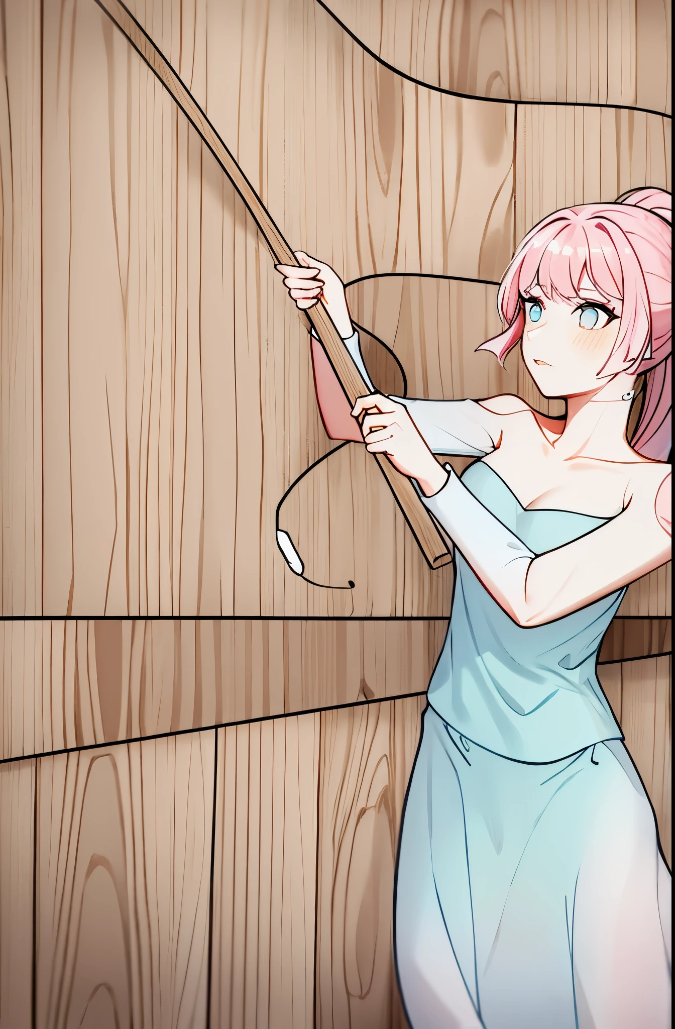 1 girl，ponytail，solo，Bangs，White clothes，pink hair，（blue skirt），cowboy shots，wood fence，