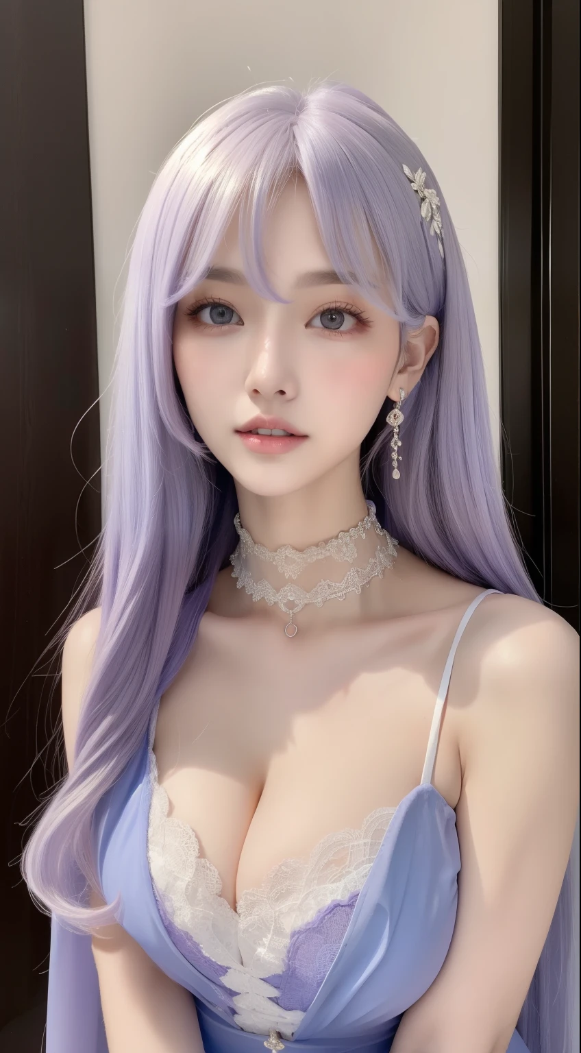 Beautiful woman with perfect body:1.4,layered hairstyle,prominent cleavage,Purple 2D costume:1.5,Highly detailed facial and skin textures,double eyelids,whiten skin,long white hair,play with water,collar