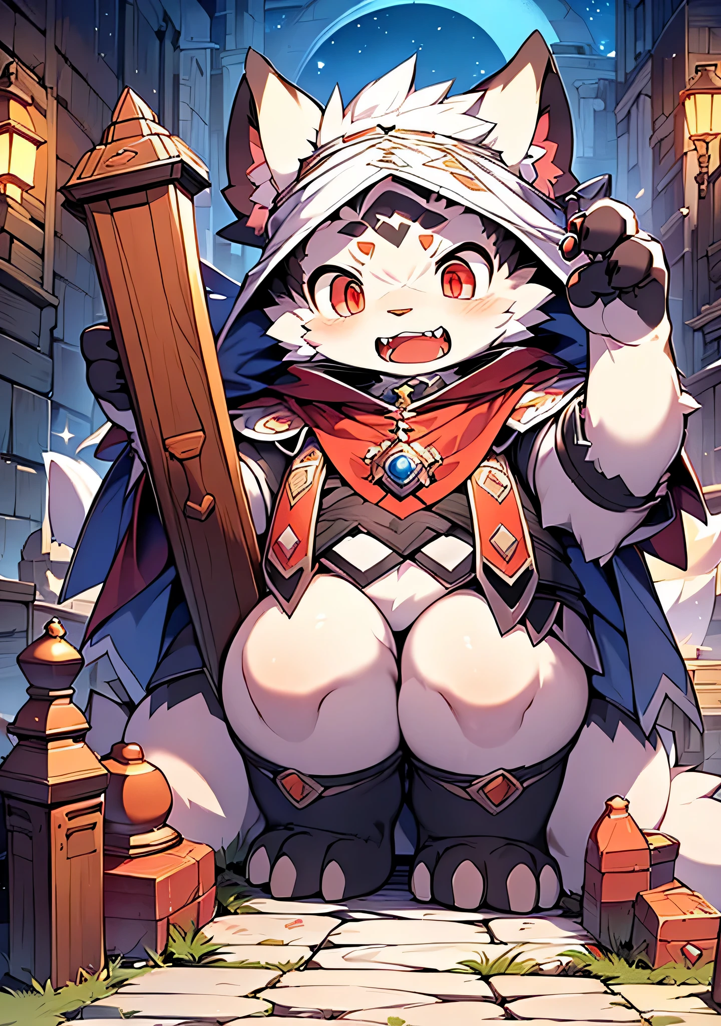 (dark environment:0.8),masterpiece, high quality, H, number \(artwork\), through thick snacks, Yes,Kiyoyama,(Hana Charcoalo,fluffy fur,Character focus:1.1),Hana Charcoalo male cat,short hair,portrait, Bright Eyes,panoramic,Character focus.(Detailed background:0.7),alone,hairy,hairy male ,male focus,Hana Charcoal,(Full body fur, hairy尾巴, Slightly fat,white fur,red eyes,white hair:1.2),(long canine teeth,vampire, cape:1.2),(night, castle, coffin:1.1)