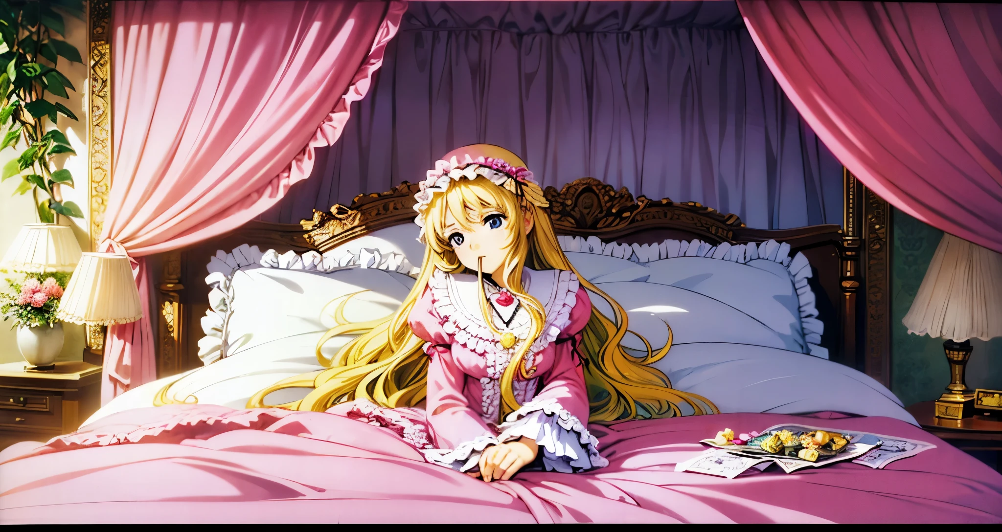 ,highest quality, masterpiece, highest resolution, artwork, super それにget used to it, many get used to it, get used to it, それにget used to it, 3K anime illustration,(( 10 year old girl)),Super detailed baby face,high quality small face,long blonde hair that grows to the waist,blue eyes,白い肌のeuropean,pajamas, european,(((super long blonde hair))),curly hair,blue eyes,((((ピンクのロリータファッションのlong skirtのワンピースドレス)))),((Pink dress with plenty of frills and ribbons)),((Luxurious headdress with frills and ribbons)),Detailed headdress,,(((big yoke collar))),Yoke collar with ruffles and ribbons,((((long sleeve)))),ruffle sleeves,((((long skirt)))),white ruffle and lace socks,large frill and ribbon pillow,(((fine pink costume))),豪華なcanopy bedの上,canopy bed,The bed is surrounded by luxurious curtains,many frilly pillows on the bed,A lot of frilly pillows behind the girl,super detailed background,detailed bed,soft pink comforter,Super detailed soft ruffle pillow,Beautiful girl illustration,detailed beautiful face,detailed hair,detailed eye ,detailed eyes,Detailed eye highlights,detailed mouth, arm details,fine hands,Detailed pillow,wide bed,Illustration on the bed, ,((((round futon)))),((((A large ruffled futon that covers the entire bed)))),detailed comforter,detailed bedシーツ,Before bedtime,romantic atmosphere,palace bedroom,((((The lower half of the body is hidden under the futon and the puffy skirt...)))) The girl is leaning on a pile of pillows, ,((((round futon)))),((((A large futon with frills that covers the entire bed)))),