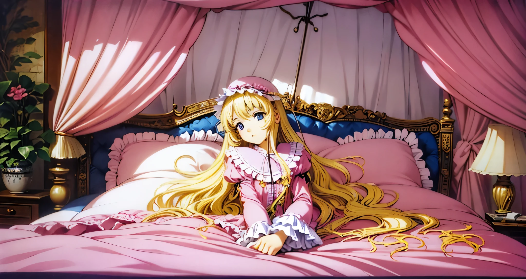 ,highest quality, masterpiece, highest resolution, artwork, super それにget used to it, many get used to it, get used to it, それにget used to it, 3K anime illustration,(( 10 year old girl)),Super detailed baby face,high quality small face,long blonde hair that grows to the waist,blue eyes,白い肌のeuropean,pajamas, european,(((super long blonde hair))),curly hair,blue eyes,((((ピンクのロリータファッションのlong skirtのワンピースドレス)))),((Pink dress with plenty of frills and ribbons)),((Luxurious headdress with frills and ribbons)),Detailed headdress,,(((big yoke collar))),Yoke collar with ruffles and ribbons,((((long sleeve)))),ruffle sleeves,((((long skirt)))),white ruffle and lace socks,large frill and ribbon pillow,(((fine pink costume))),豪華なcanopy bedの上,canopy bed,The bed is surrounded by luxurious curtains,many frilly pillows on the bed,A lot of frilly pillows behind the girl,super detailed background,detailed bed,soft pink comforter,Super detailed soft ruffle pillow,Beautiful girl illustration,detailed beautiful face,detailed hair,detailed eye ,detailed eyes,Detailed eye highlights,detailed mouth, arm details,fine hands,Detailed pillow,wide bed,Illustration on the bed, ,((((round futon)))),((((A large ruffled futon that covers the entire bed)))),detailed comforter,detailed bedシーツ,Before bedtime,romantic atmosphere,palace bedroom,((((The lower half of the body is hidden under the futon and the puffy skirt...)))) The girl is leaning on a pile of pillows, ,((((round futon)))),((((A large futon with frills that covers the entire bed)))),