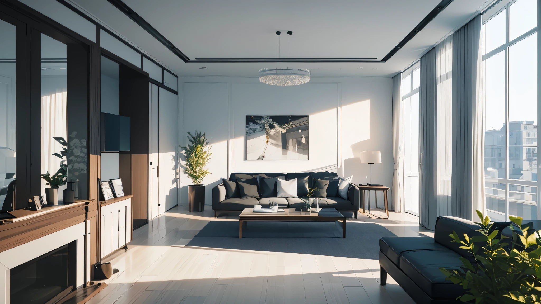 you are a famous interior designer、I was asked to create a 3D image of a large modern room.。. Create a harmonious environment with modern and minimalist furniture. Including garden interior.