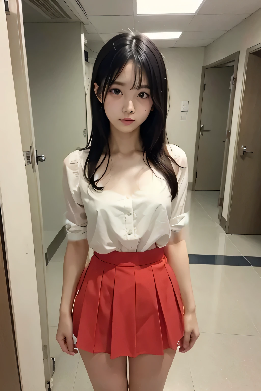 white blouse、red mini skirt