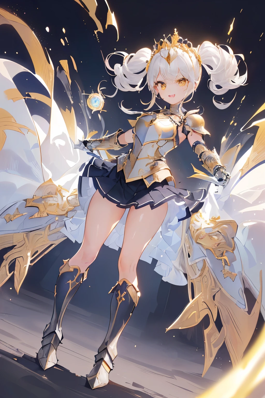 (((((1girl))))), ((best quality)), ((masterpiece)), ((ultra-detailed)), (illustration), (detailed light), (an extremely delicate and beautiful), (beautiful detailed eyes), (sunlight), ((extremely light)), ((extremely clothes)), (((hyper detail))),(((((front lighting))))),(((((front light))))),
((((quite adorable metal Armor with a brief skirt and tiara)))),
(((Master Knight))),
(((high twin pig tails))), ((((white sliver hair)))),
(((yellow gold eyes))),
((((whole body)))), aged 5 to 8, ((((very adorable young girl)))), ((condescending expression)), ((mischievous smile with sexual satisfaction)), (((extra adorable))), (((((extra slender shape))))), (((((extremely beautiful detailed face))))),
(((dynamically attacking enemies with a western-sword))),
(((elegant magic boots))), (Dutch angle), (((elegant magic gloves))), ((transparent magical underskirt)), (a little bit exposed adorable magical panties)