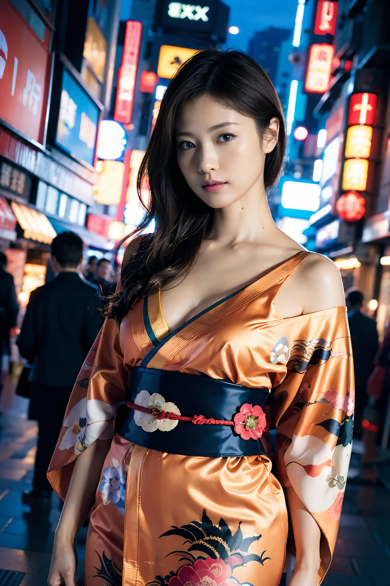 (masterpiece:1.2), super detailed, ultra high resolution, (realistic, photo realistic:1.37), High-definition RAW color photo, professional photos, highly detailed face, very fine eyes, very fine skin, very fine fingers, highly detailed nose, highly detailed mouth, perfect anatomy, highly detailed background, (famous japanese actress:1.2), (gal:1.3), (flat chest:1.2), Brown people, black skin, (very short hair), dynamic lighting, (any pose:1.2), cyberpunk city, neon, laser, warrior, (warrior kimono:1.3), bare shoulders,