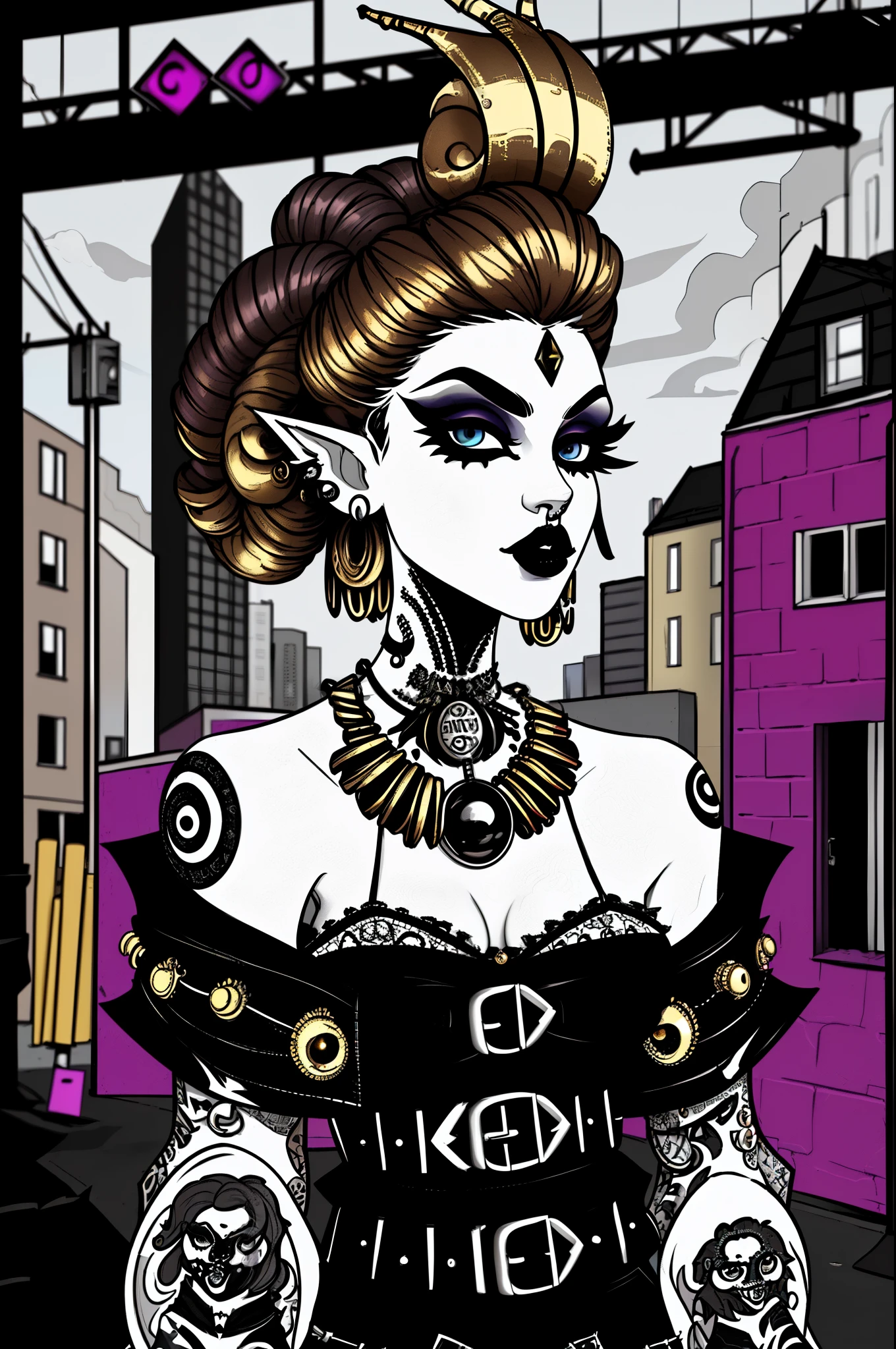 (masterpiece:1.2, best quality), (real picture, intricate details), (1lady, solo, upper body, big ) The clothes are gold ar:avant-garde,avant-garde,Experiment with appearance:curlies,Dramatic makeup,Unconventional fashion choice behavior:rebelliousness、non-conformist、Provocation location:demon eyes,urban art district、Underground music venues Hobbies:Participation in punk shows、creating mixed media art、Try different subcultural values:individuality、Realiy、Creative expression of inspiration:Punk rock music、Counterculture icons,Avant-garde art movement character traits:boldness、boldness、act outside the box。