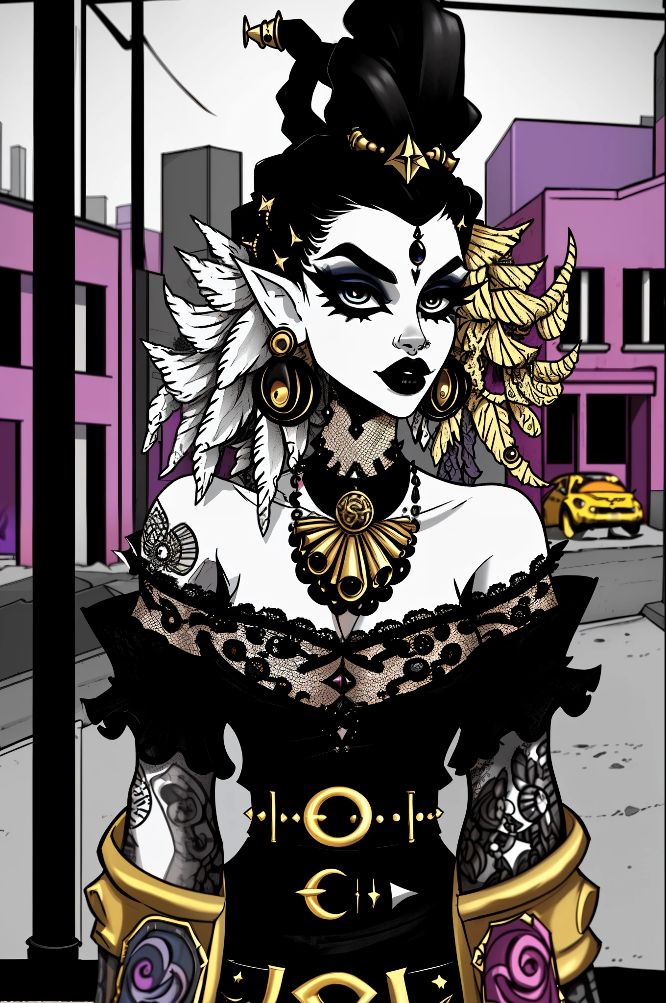 (masterpiece:1.2, best quality), (real picture, intricate details), (1lady, solo, upper body, big ) The clothes are gold ar：avant-garde，avant-garde，Experiment with appearance：curlies，Dramatic makeup，Unconventional fashion choice behavior：rebelliousness、non-conformist、Provocation location：demon eyes,urban art district、Underground music venues Hobbies：Participation in punk shows、creating mixed media art、Try different subcultural values：individuality、Realiy、Creative expression of inspiration：Punk rock music、Counterculture icons，Avant-garde art movement character traits：boldness、boldness、act outside the box。