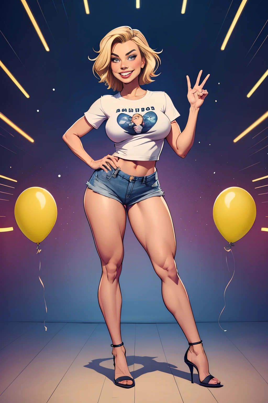 (cartoon style:1.2),  drawing ([Margot Robbie]), beautiful woman 40 years old, Big smile, Perfect eyes, detailed face, party background, cheerful pose, flirty look, big hips,Short blond hair,short denim shorts,dark t-shirt,full body,in heels