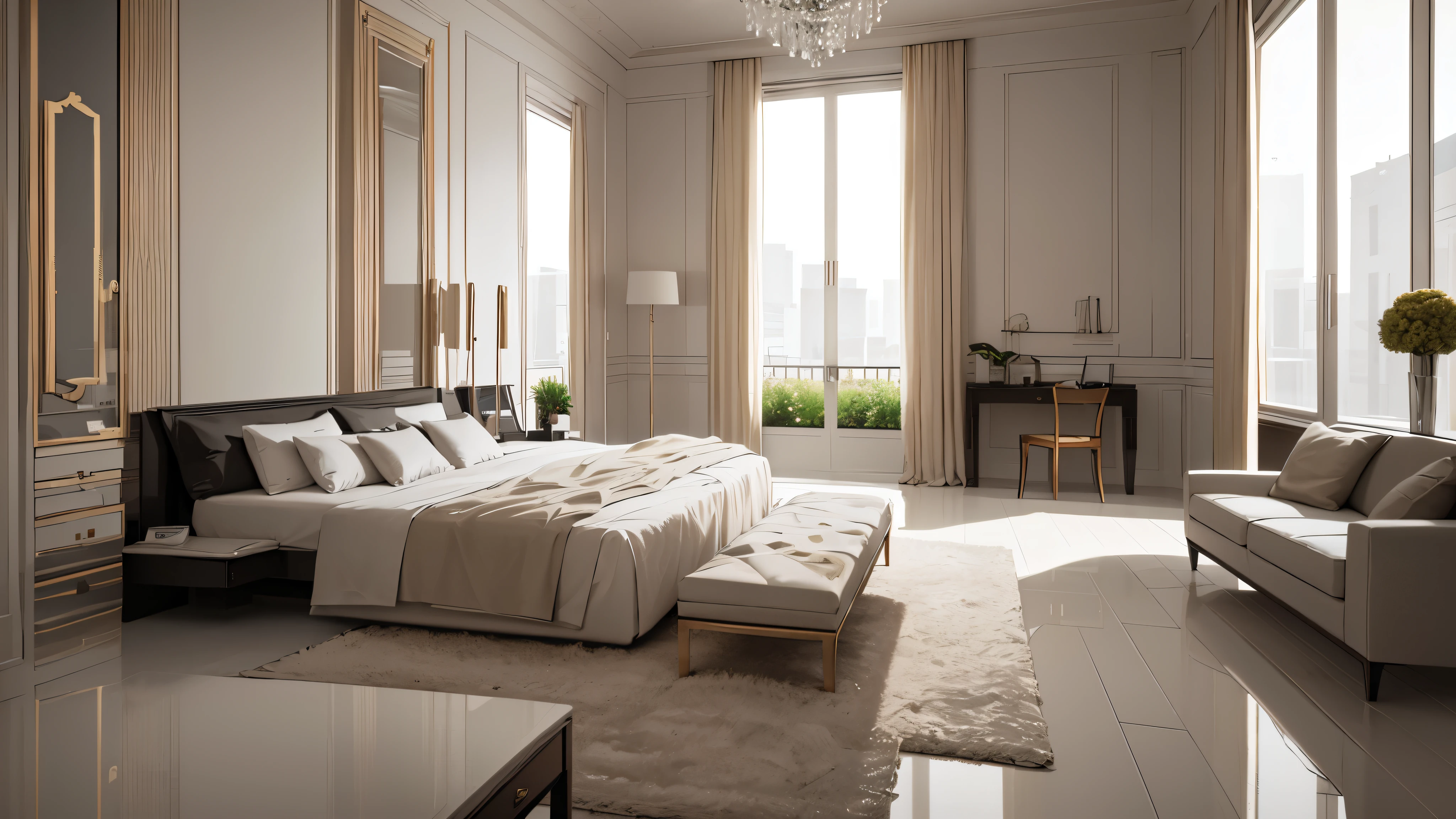 you are a famous interior designer、I was asked to create a 3D image of a large modern room.。. Create a harmonious environment with modern and minimalist furniture. Including garden interior.