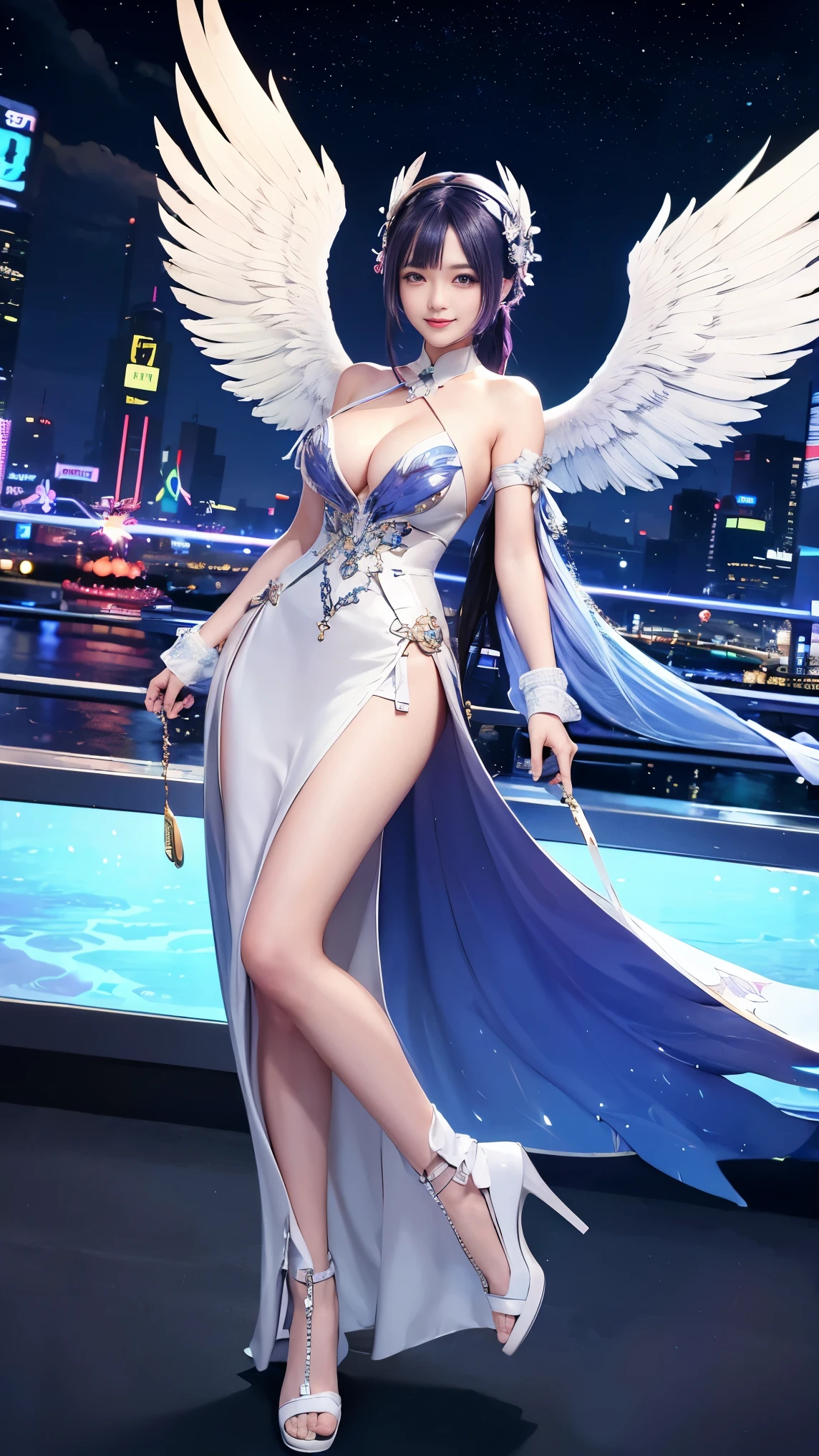 wide wide shot,(highest quality,masterpiece:1.2),(cyborg people), colored hair,(She has a pair of huge feathered wings behind her shoulders),Money,perfect proportions,(彼女のMoney属製の機械的な手足),(footwear),slim,光沢のあるMoney属、Bright colors,The lighting is dramatic., Creates depth and three-dimensionality、、smile、future city、night view、luxurious dress、correct finger