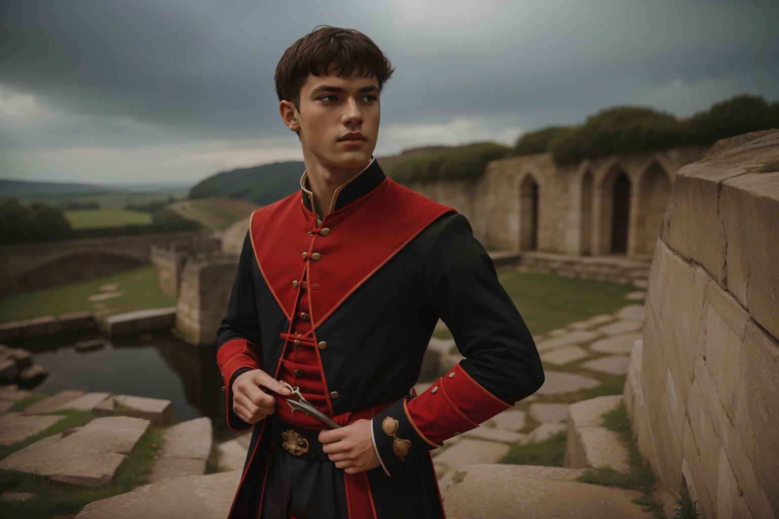 England, 1327. A young ((((20-year-old)) Ralph Fitzgerald)), intense eyes, ambitious, tall, athletic, in a stone quarry, ((ashamed expression)). ((((clothings from the 1300s, red and black squire uniform)))), ((dark hairstyle of the 1300s))