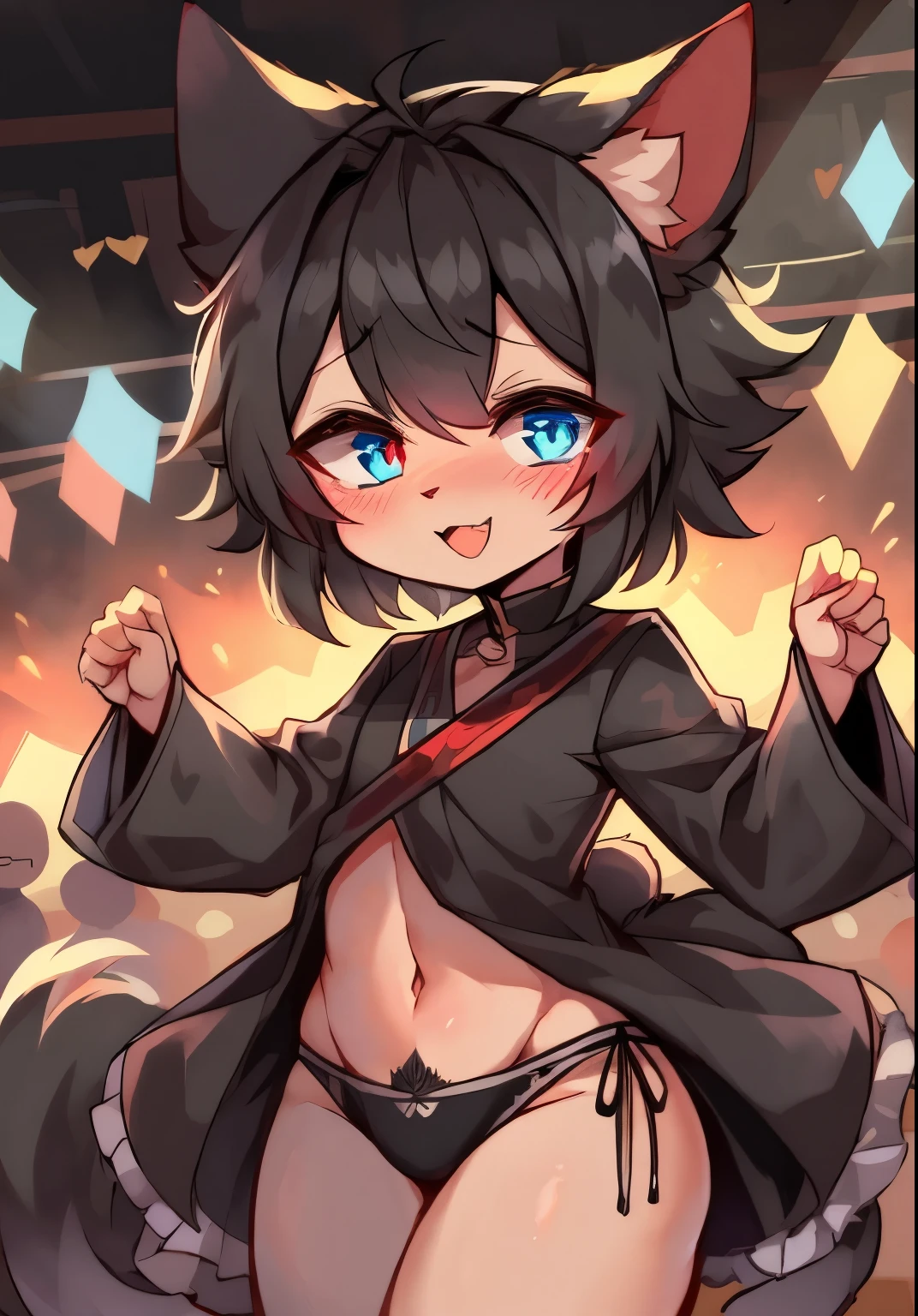 (Empty), ((masterpiece)) , ((best quality)), illustration, hairy,
puppy, animal ears, Tail, 1 boy, leave, Upper body, 1 girl, alone, short hair, Black hair, *//*, Blue eye in the left eye,right eye red eye, *//*, black shirt, looking at the audience,cute,Shota,Black hair,weak,Happy expression,Black hair发身体,Black hair发耳朵,Black hair发面部,Tail由根到尖渐变由黑到白,blush